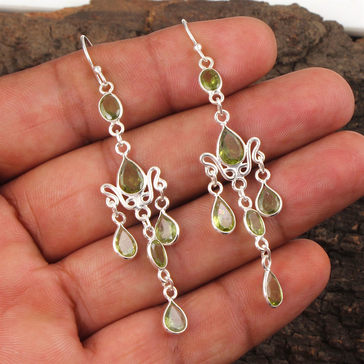 Statement Long Danglers Peridot Earrings Handmade 925 Sterling Silver Jewelry August Birthstone Earrings