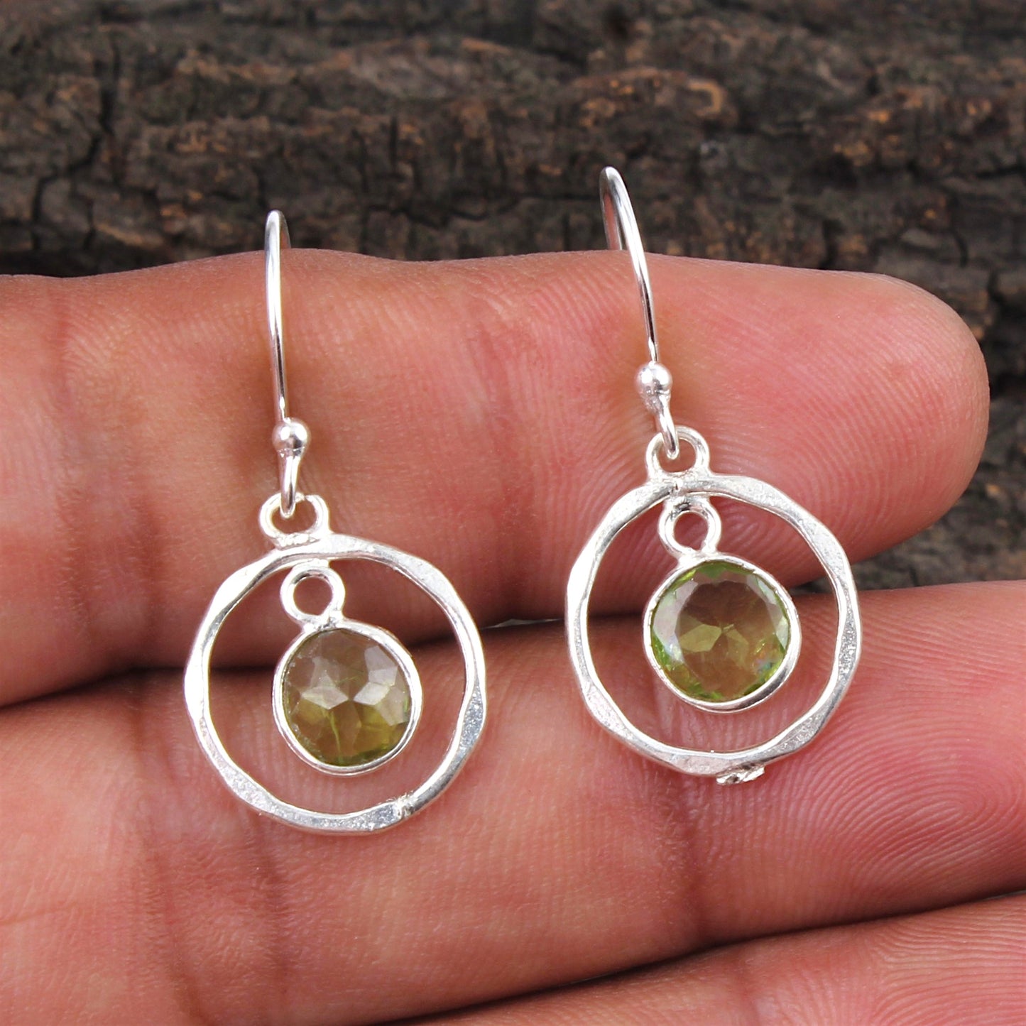 Round Peridot Earrings 925 Sterling Silver Handmade Bezel Set August Birthstone Earrings