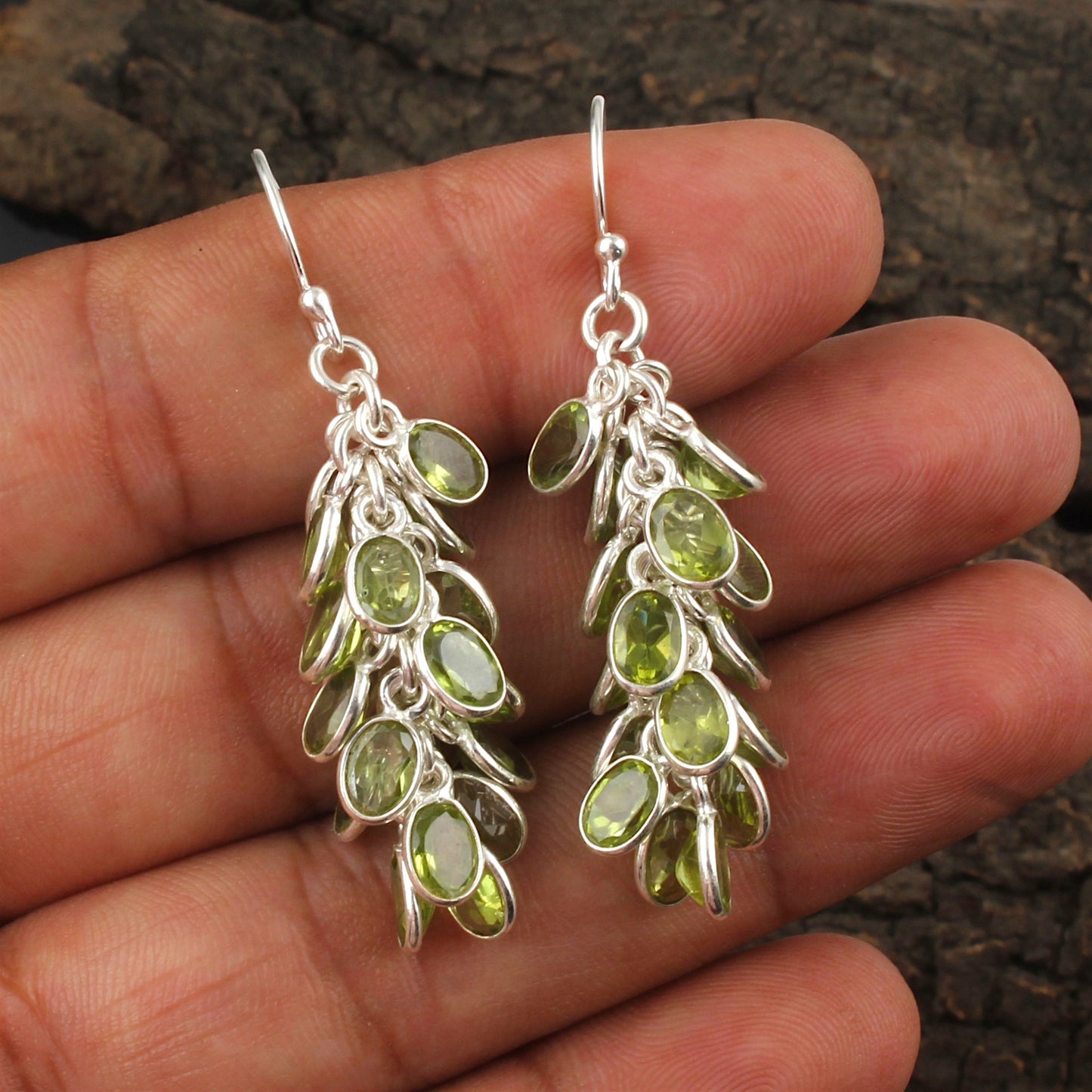 Artistic Bunch Peridot Earrings 925 Sterling Silver Handmade Bezel Set Modern Silver Earrings Green Gemstone Jewelry