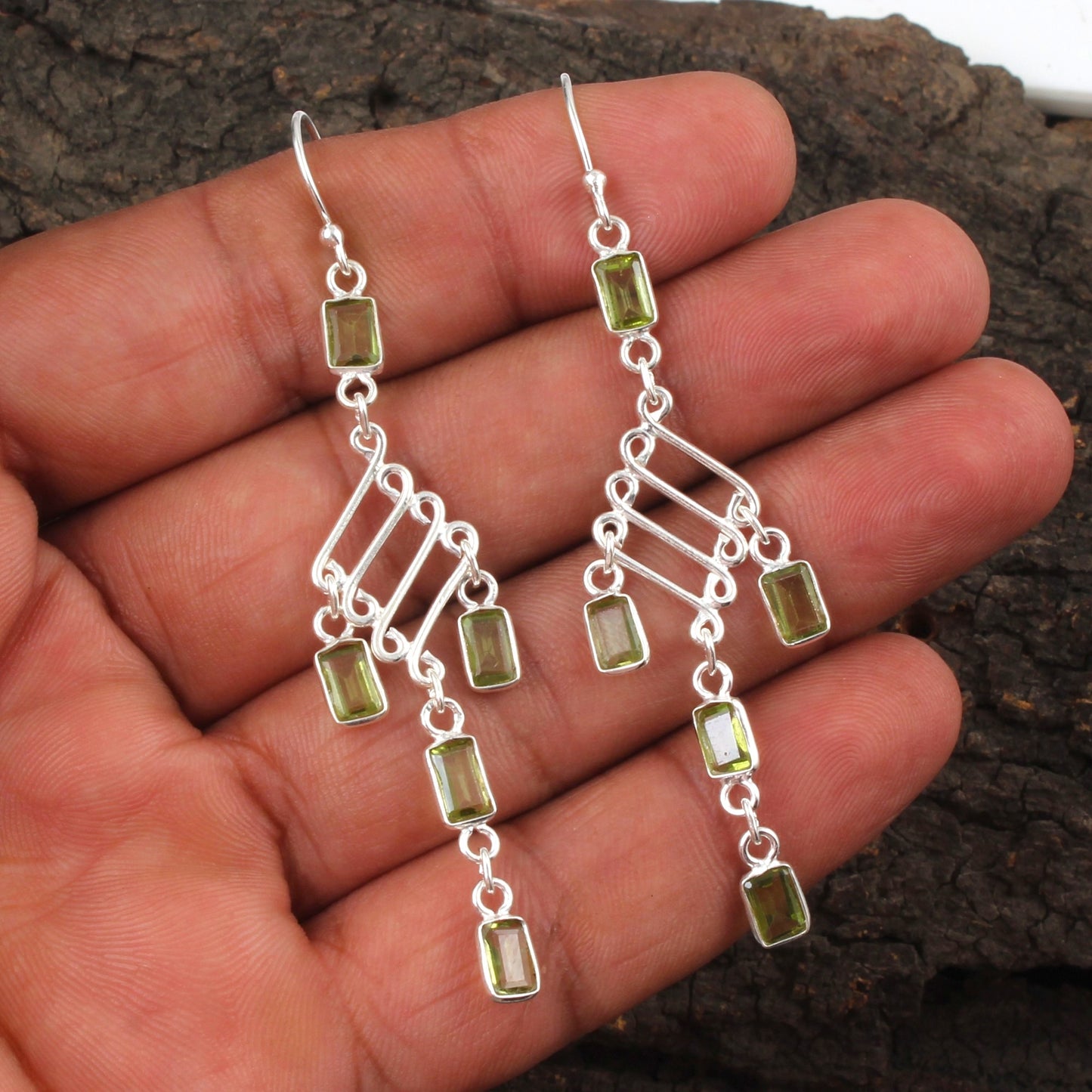 Long Dangle Green Peridot Earrings 925 Sterling Silver Handmade Faceted Green Gemstone Earrings