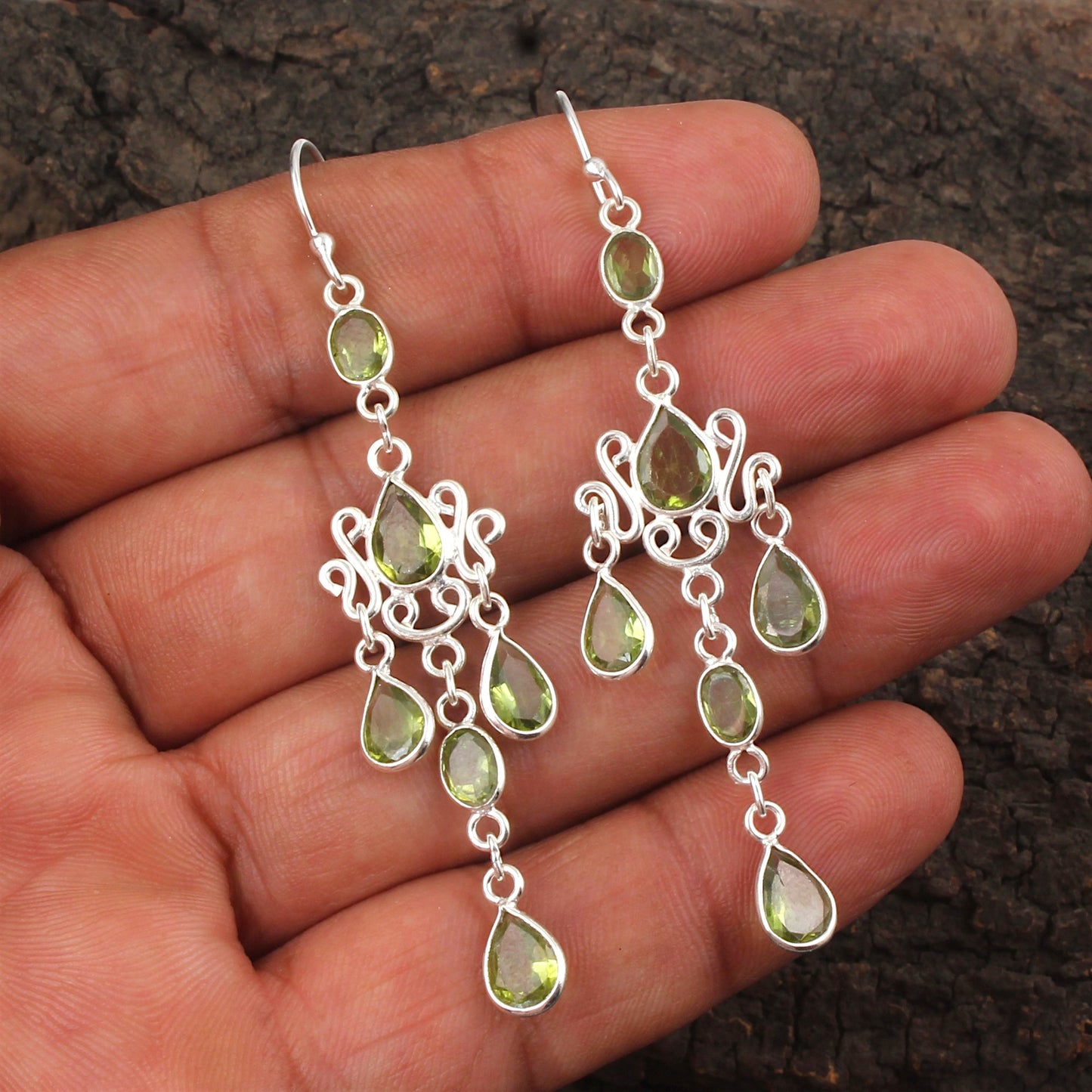 Long Green Peridot Earrings 925 Sterling Silver Handmade Faceted Natural Gemstone Earrings