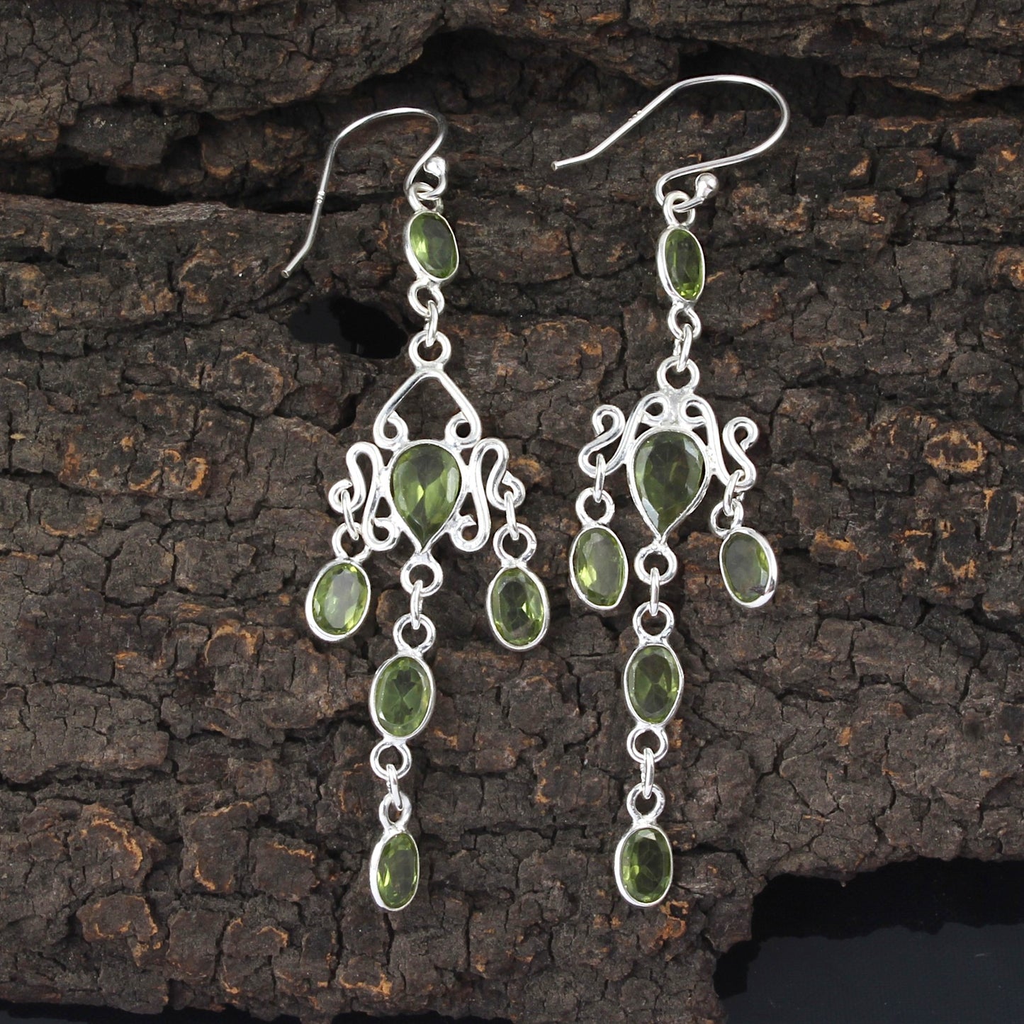 Long Dangle Natural Peridot Earrings 925 Sterling Silver Handmade Faceted Green Gemstone Earrings