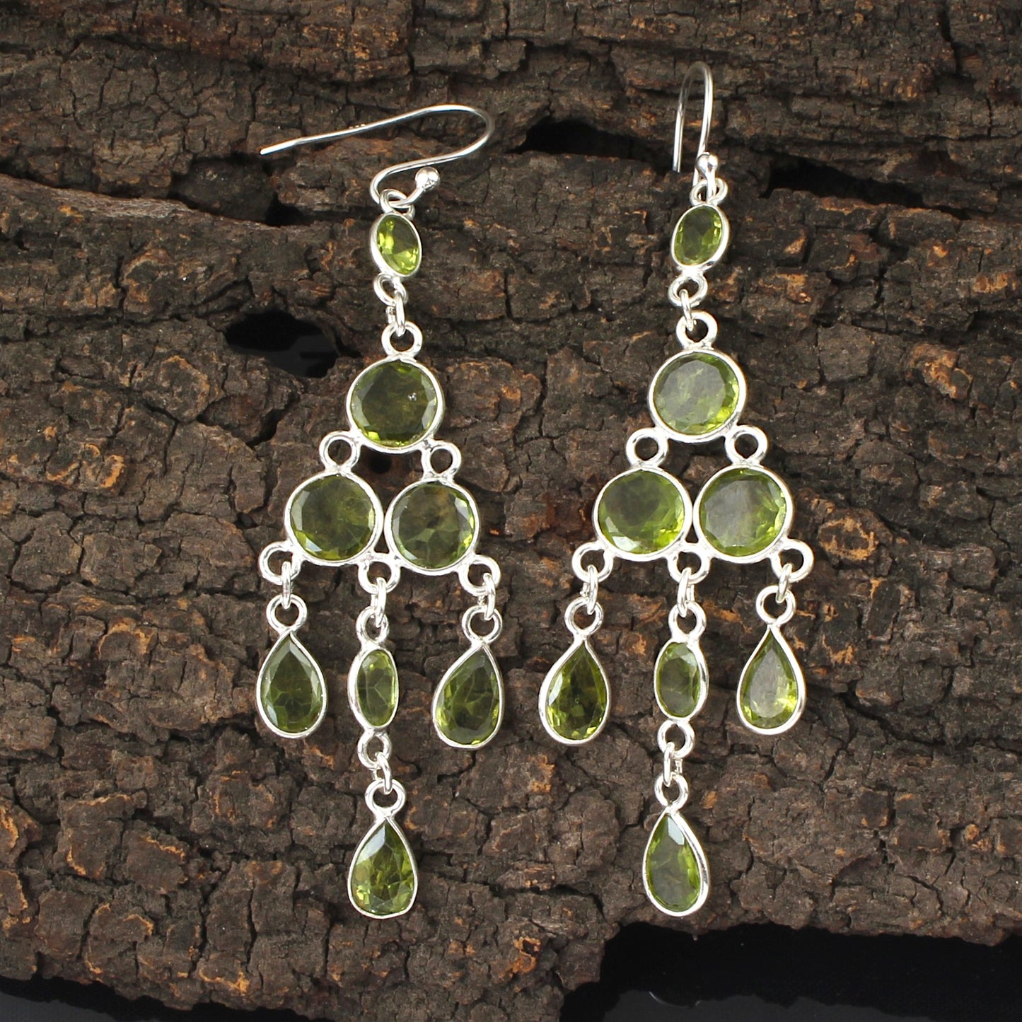 Natural Peridot Long Earrings 925 Sterling Silver Handmade Bezel Set August Birthstone Earrings