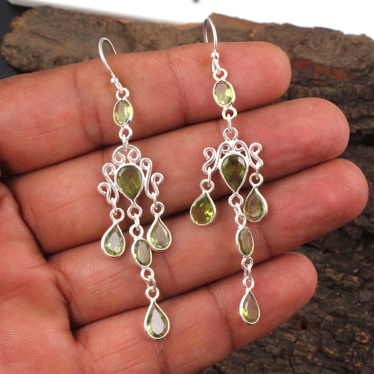 Long Dangle Natural Peridot Earrings 925 Sterling Silver Handmade Faceted Green Gemstone Earrings Statement Jewelry