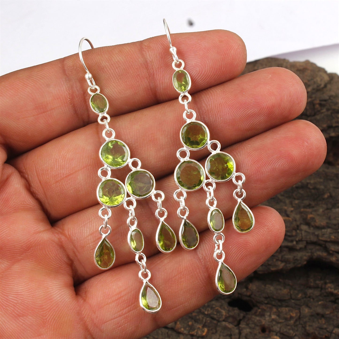 Long Dangle Peridot Earrings 925 Sterling Silver Handmade Faceted Green Gemstone Earrings