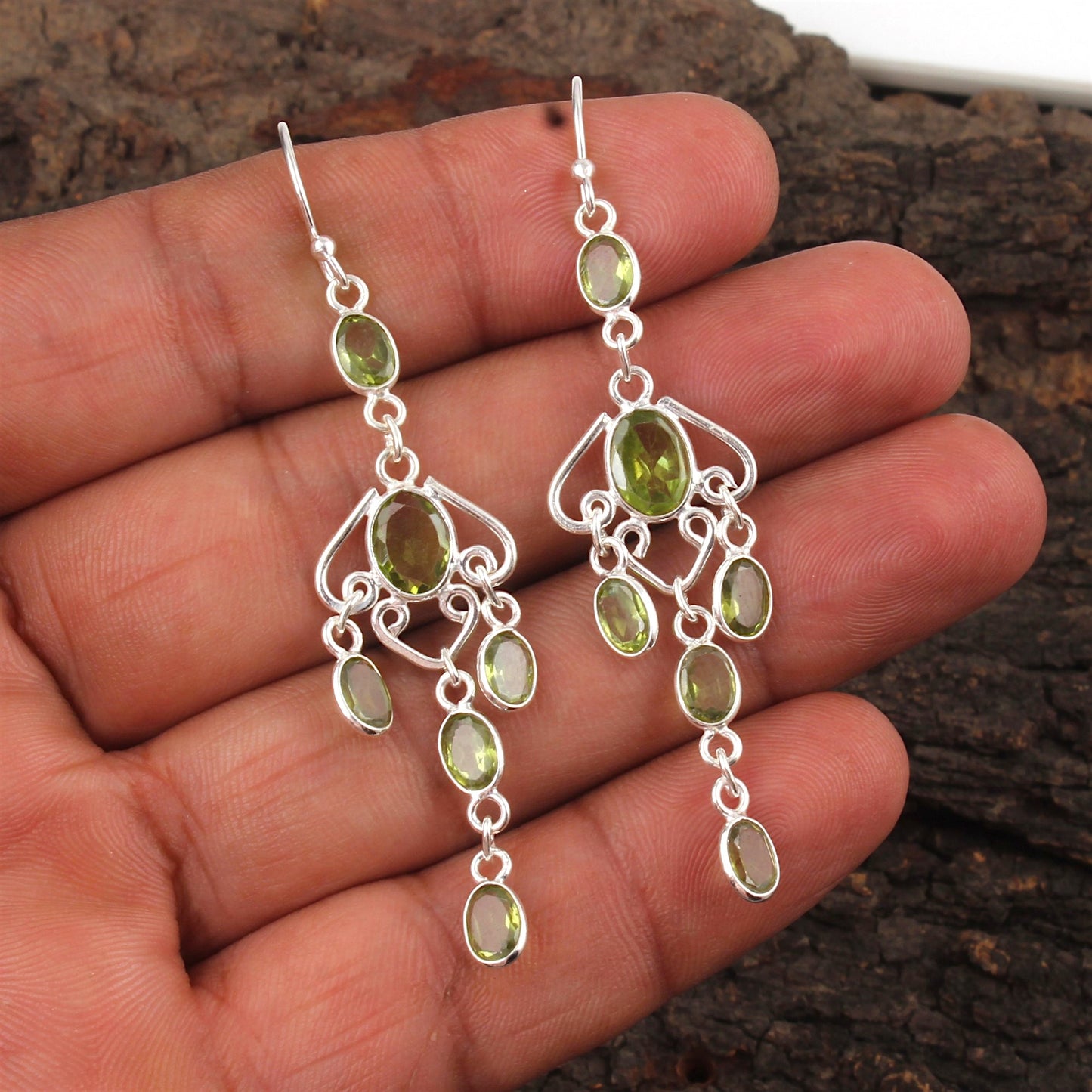 Natural Peridot Long Earrings Handcrafted 925 Sterling Silver Bezel Set August Birthstone Dangle Earrings