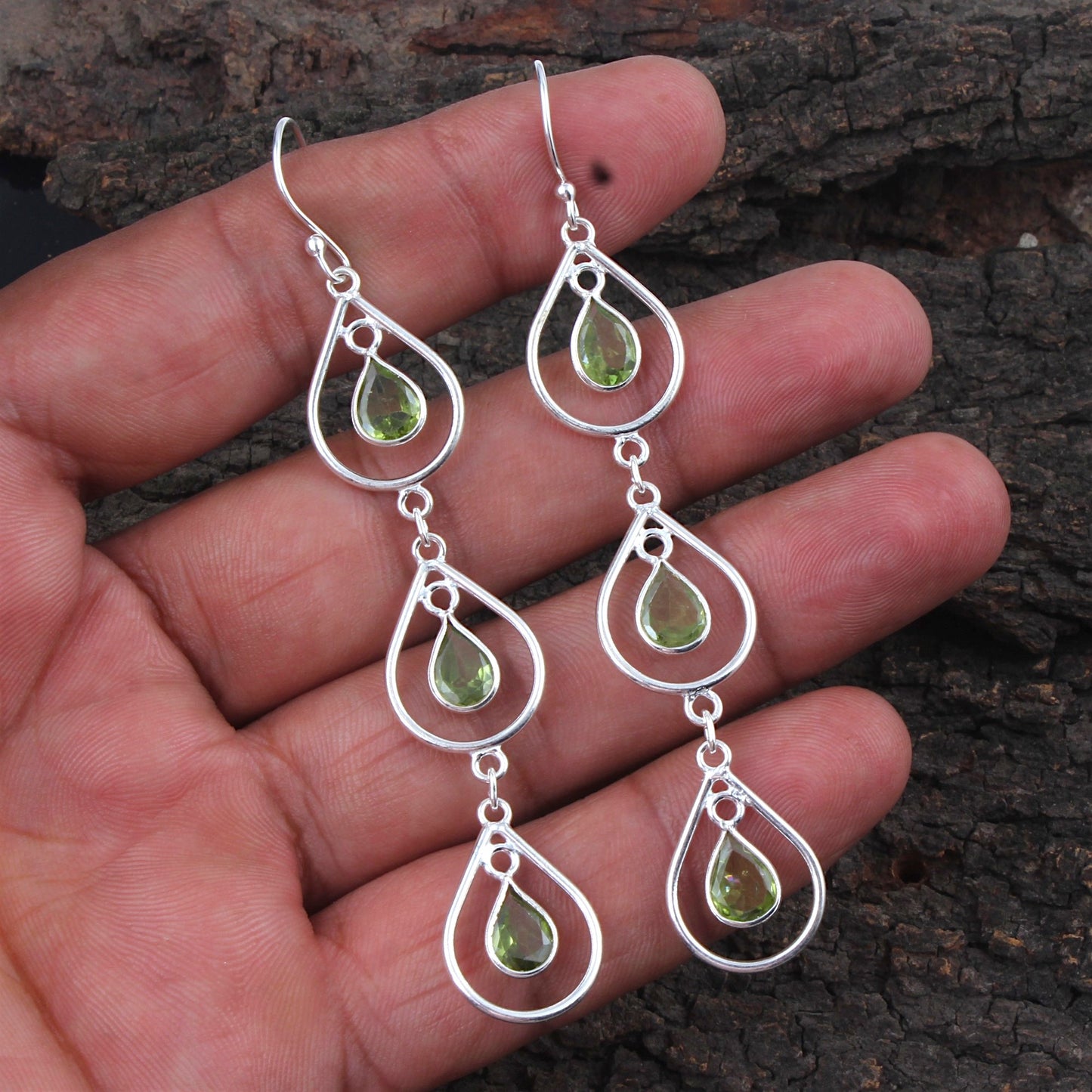 Trio Dangle Pear Peridot Earrings Handmade 925 Sterling Silver Natural Faceted Gemstone Earrings