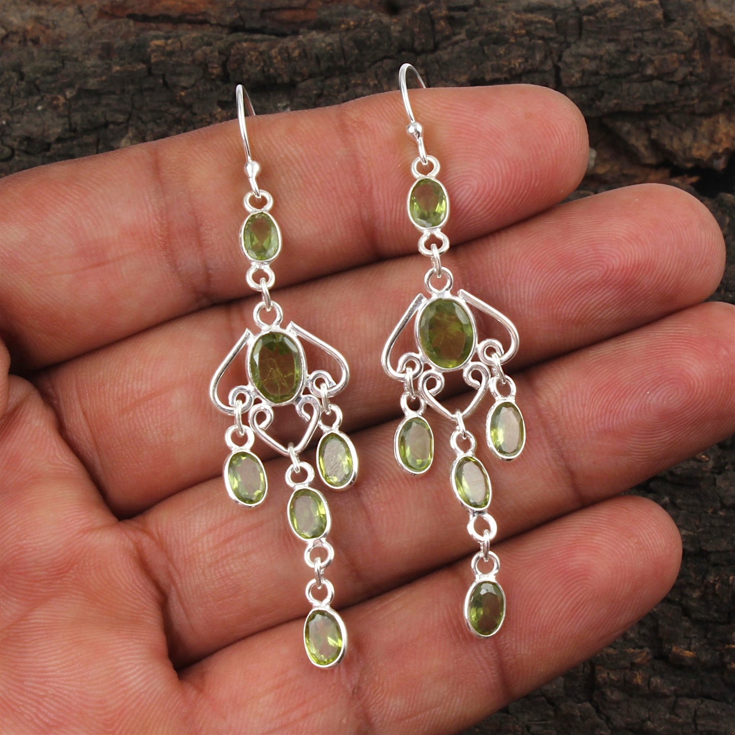 Long Dangle Peridot Earrings 925 Sterling Silver Handmade Faceted Green Gemstone Earrings Jewelry