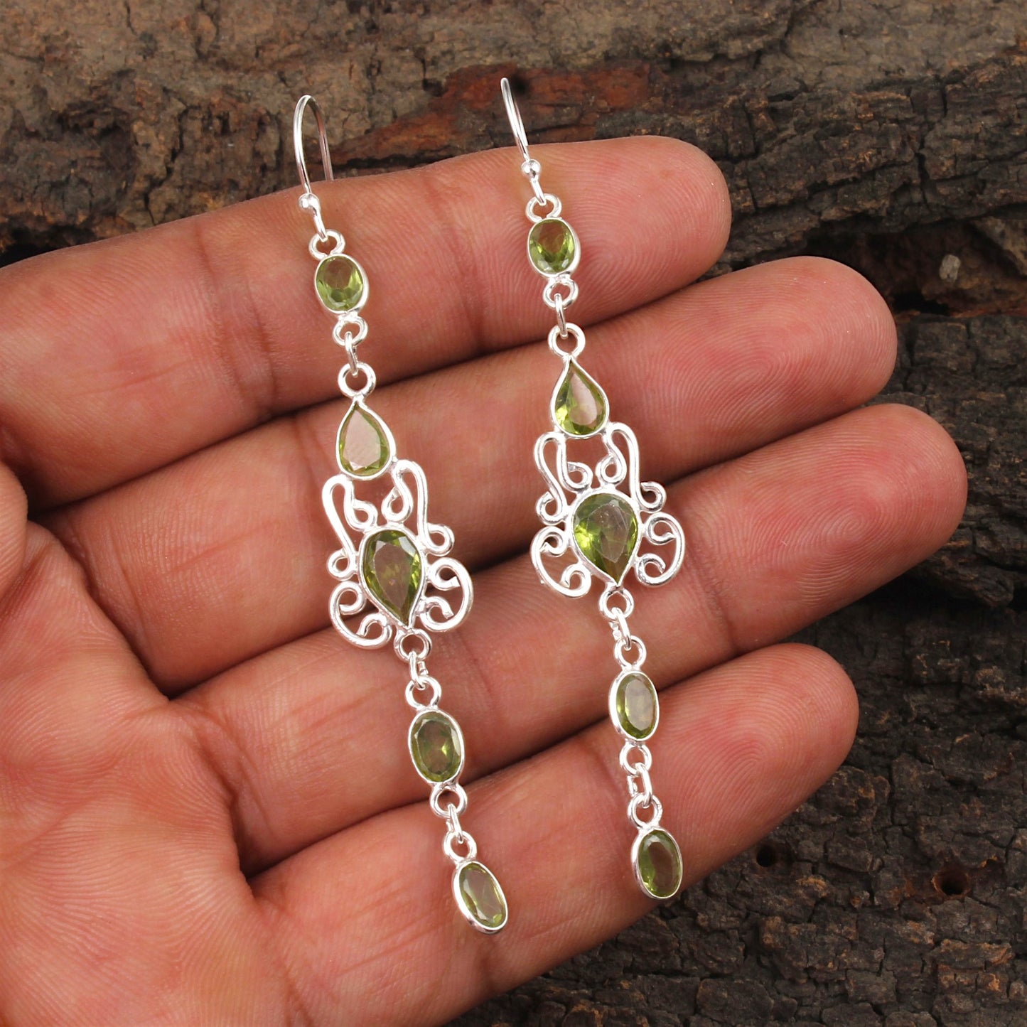 Long Dangle Peridot Earrings 925 Sterling Silver Handmade Faceted Natural Gemstone Earrings