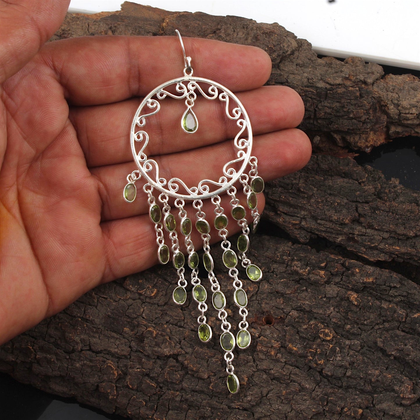 Ethnic Wear Chandeliers Long Peridot Earrings Handmade 925 Sterling Silver Natural Gemstone Earrings