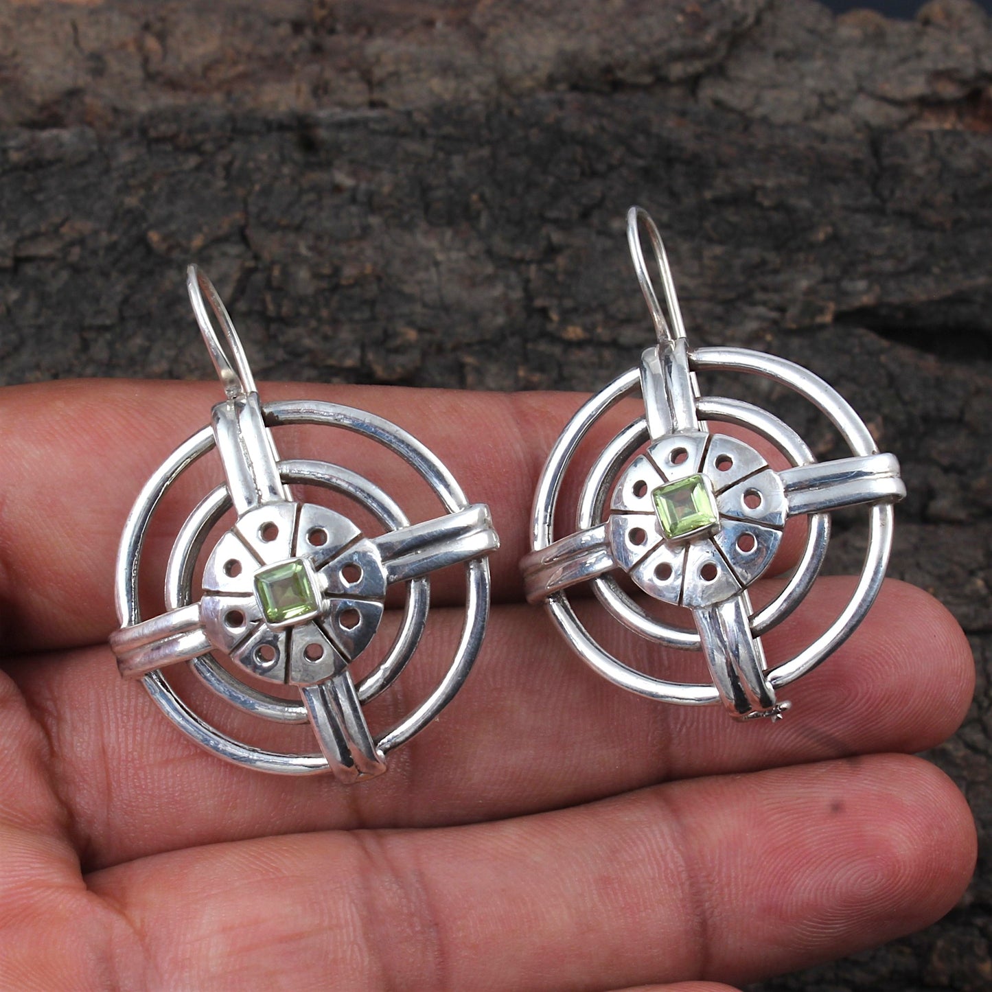 Round Designer Peridot Earrings Handmade 925 Sterling Silver Unique Artisan Vintage Dangle Earrings