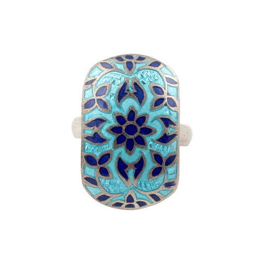 Meenakari Art Ring Handmade Enamelled 925 Sterling Silver Jewelry One of a Kind Ring Size 7.25 USA