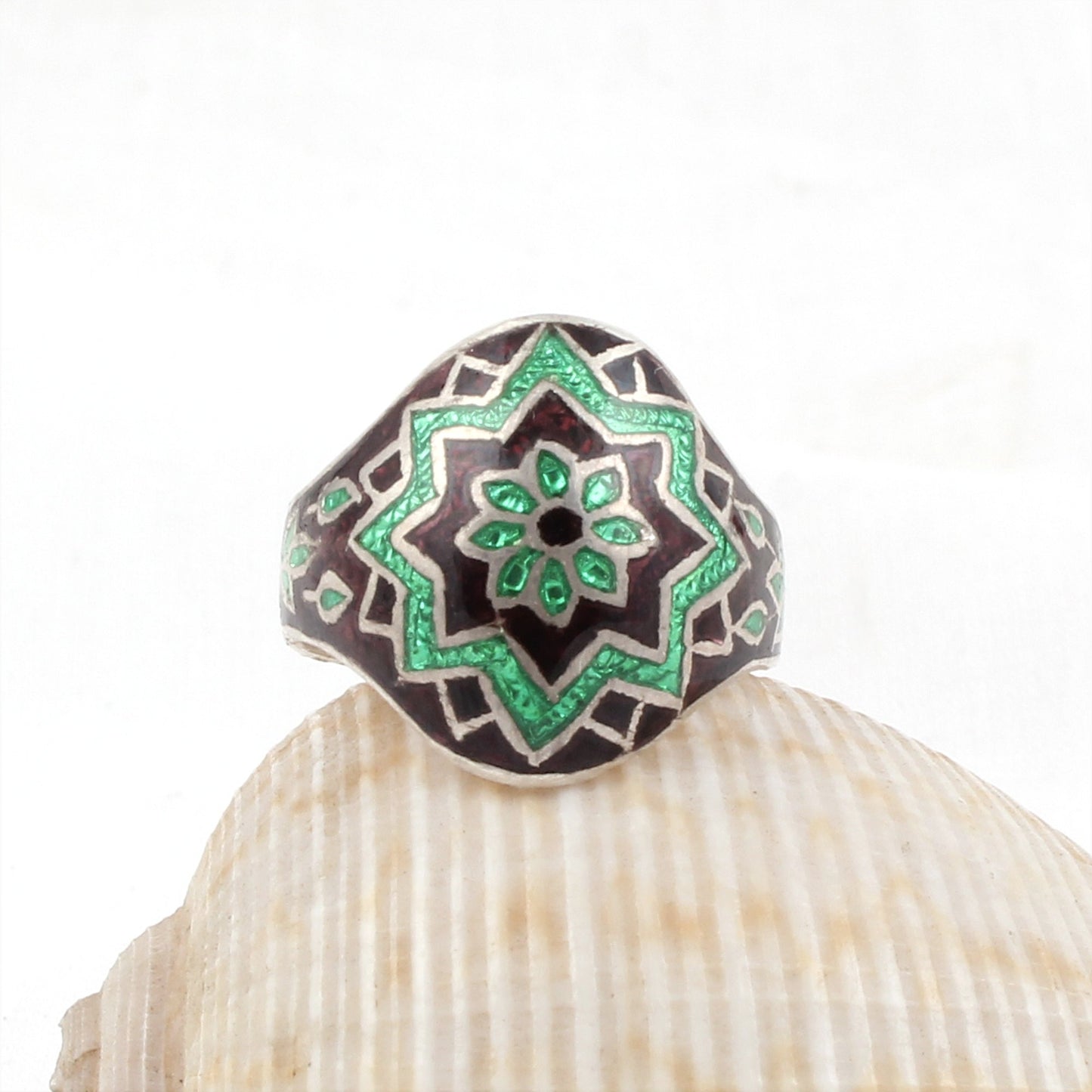 Floral Signet Ring Handmade 925 Solid Sterling Silver Enamel Ring Birthday Gift For Her Ring Size 7.5 USA