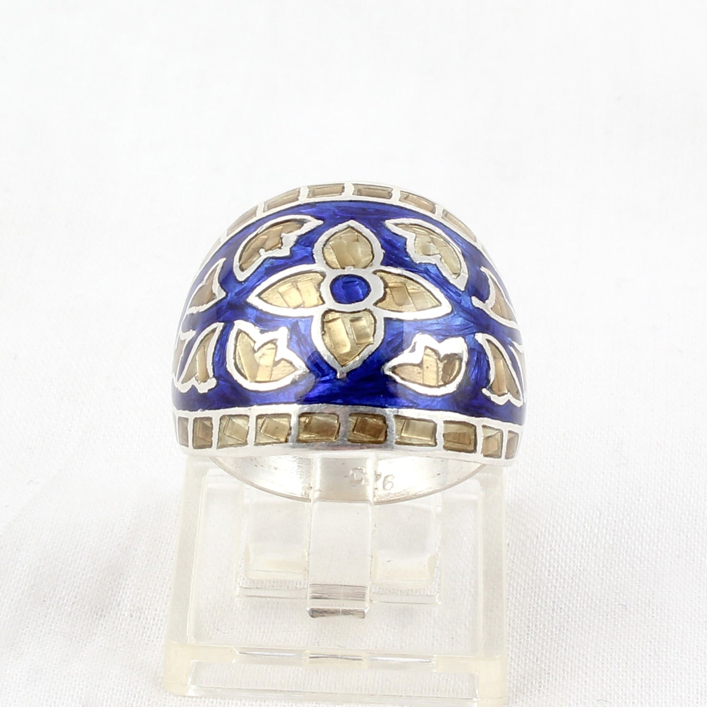 Floral Signet Ring Handmade 925 Solid Sterling Silver Enamel Ring Size 8.75 USA