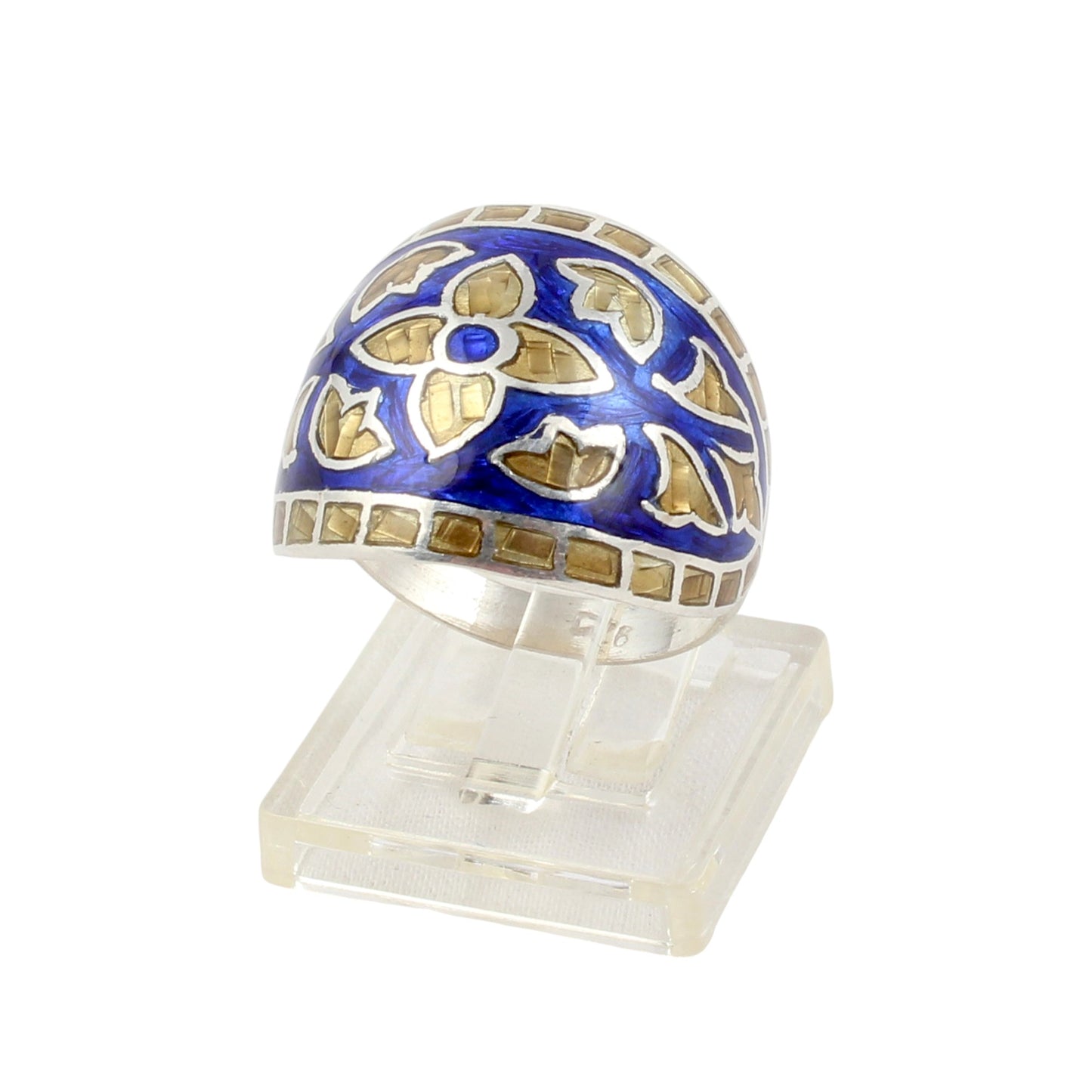 Floral Signet Ring Handmade 925 Solid Sterling Silver Enamel Ring Size 8.75 USA