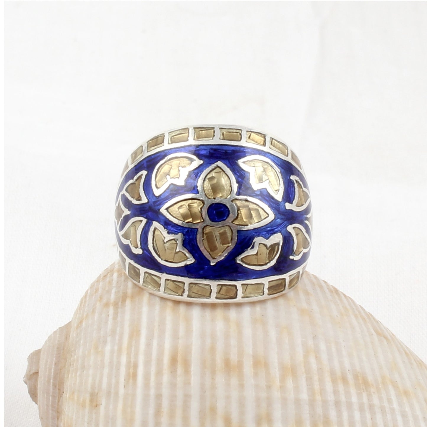 Floral Signet Ring Handmade 925 Solid Sterling Silver Enamel Ring Size 8.75 USA