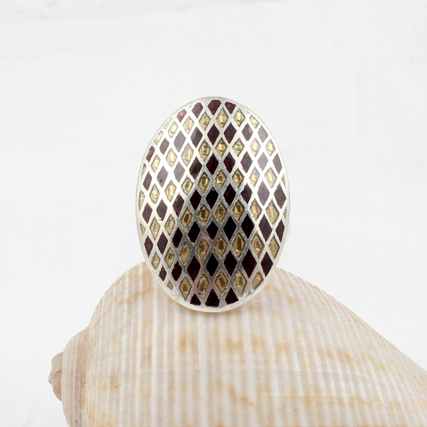 925 Sterling Silver Enamel Ring Birthday Handmade Oval Shape Designer Ring Size 7.5 USA