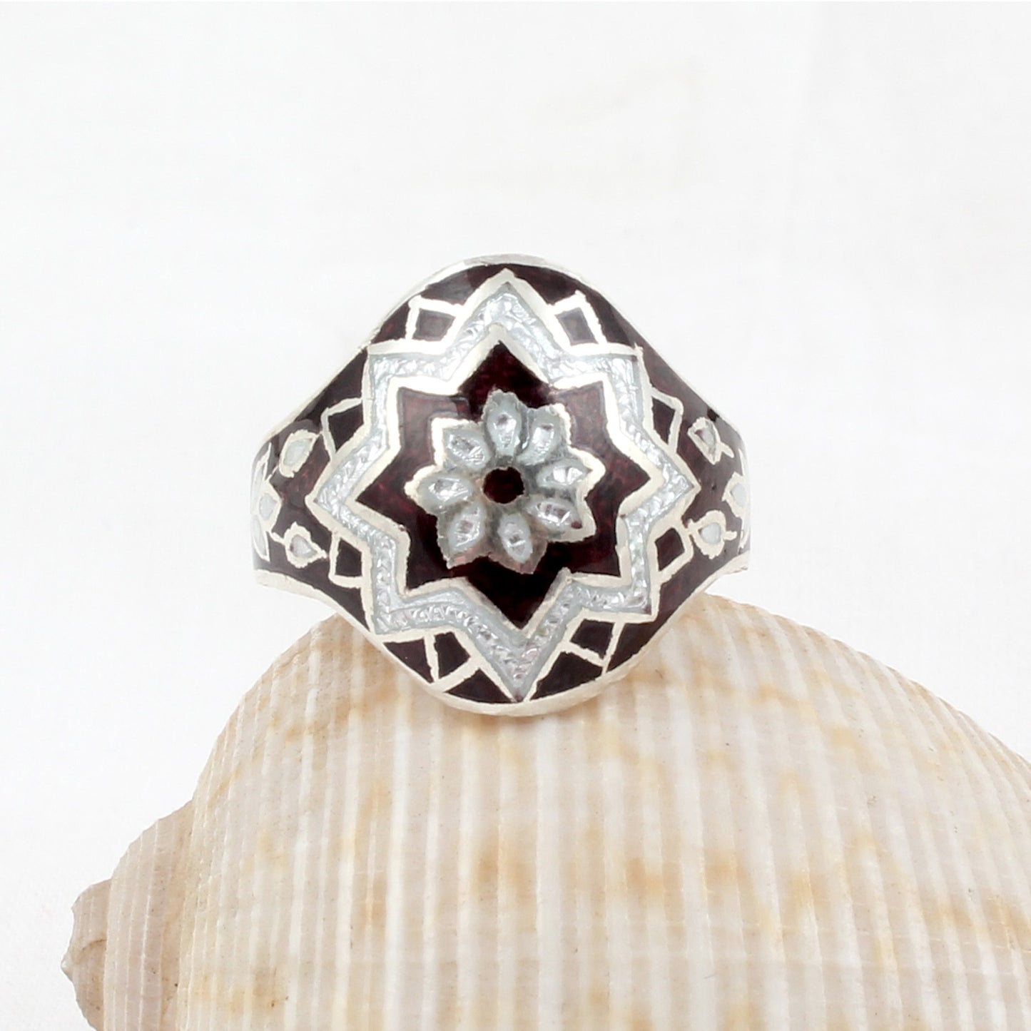 Floral Signet Ring Handmade 925 Solid Sterling Silver Enamel Ring Birthday Gift For Her Ring Size 8.5 USA