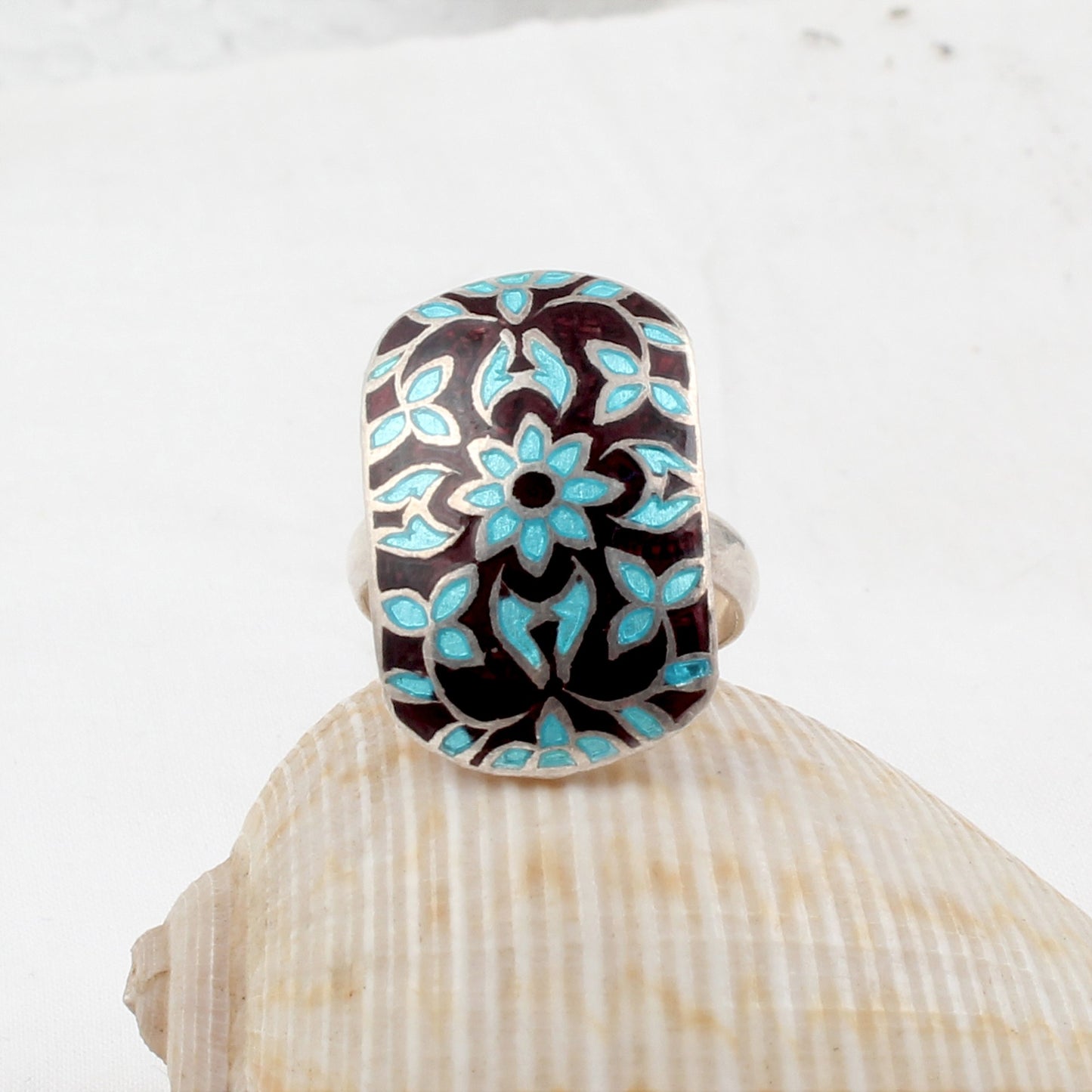 Floral Leaf Enamel Band Ring Handmade 925 Solid Sterling Silver Designer Ring Size 7 USA