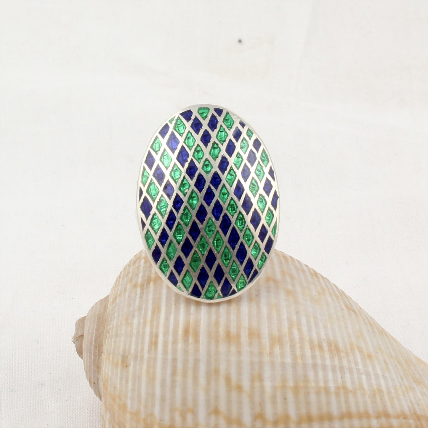 Designer Oval Enamel Ring Handmade 925 Solid Sterling Silver Enameled Ring Size 7.5 USA