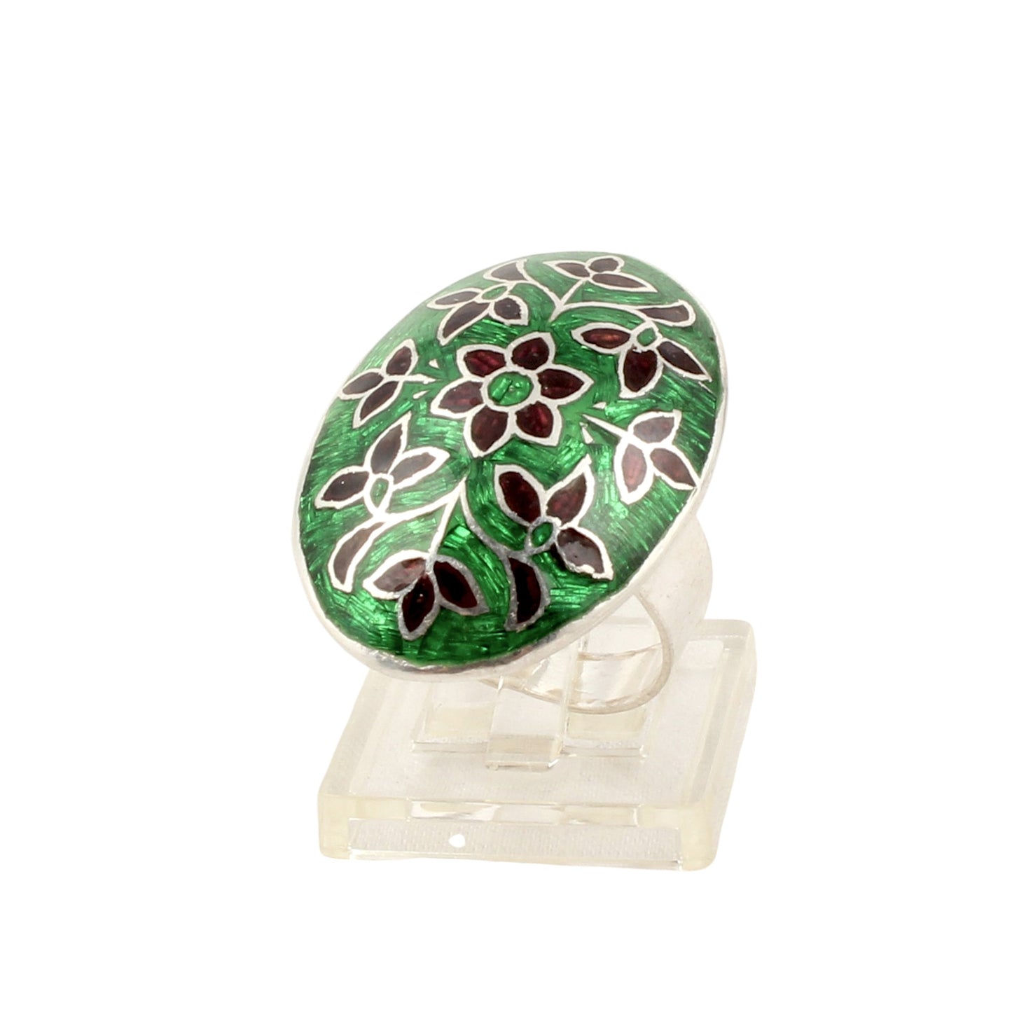 925 Sterling Silver Enamel Ring Handmade Oval Shape Unique Artisan Ring Size 7.5 USA