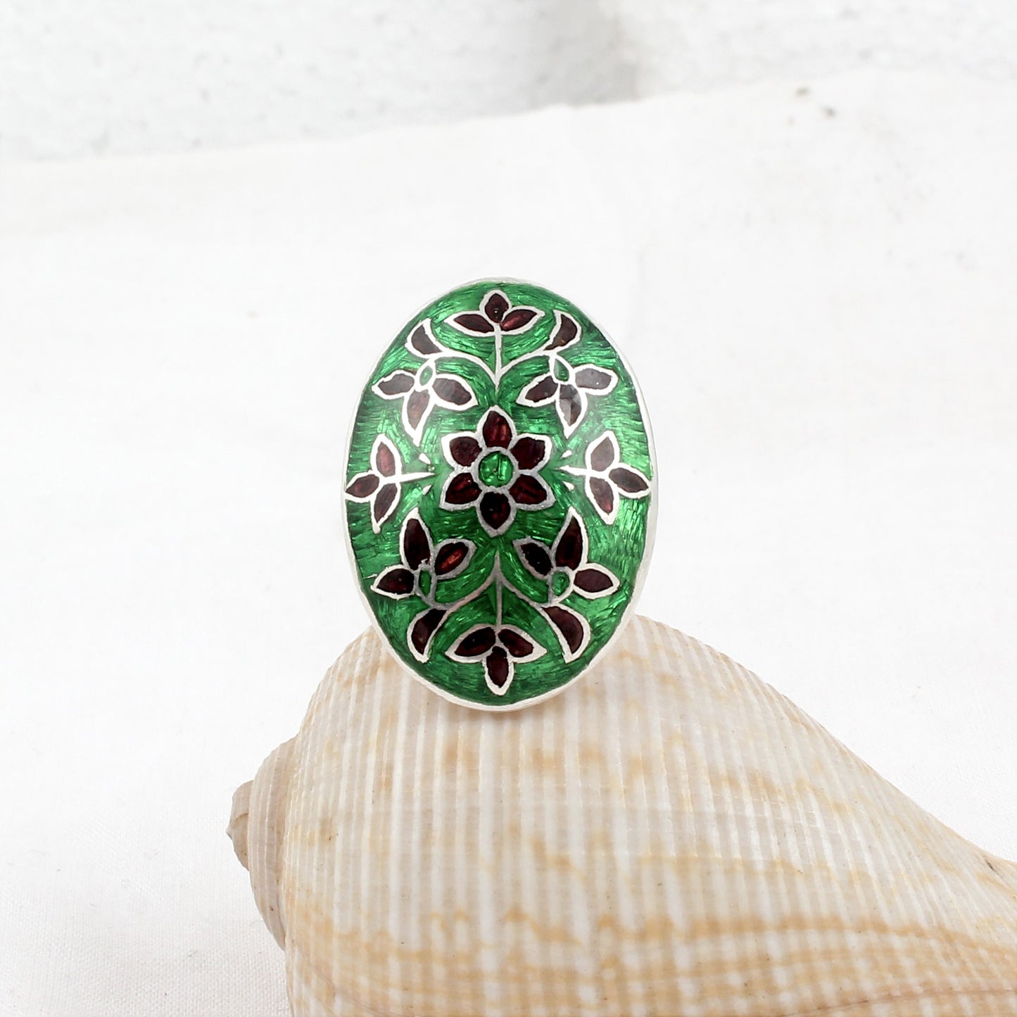 925 Sterling Silver Enamel Ring Handmade Oval Shape Unique Artisan Ring Size 7.5 USA
