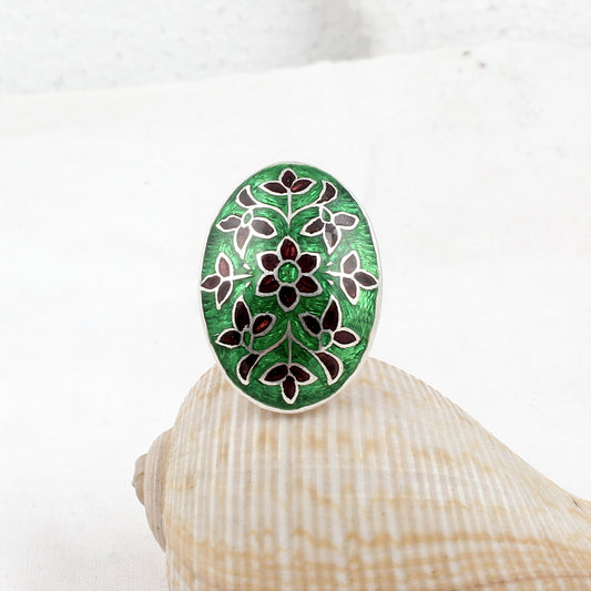 925 Sterling Silver Enamel Ring Handmade Oval Shape Unique Artisan Ring Size 7.5 USA