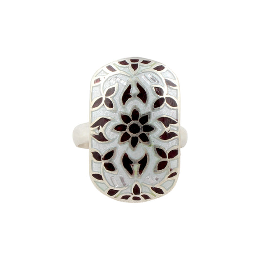 Carved Floral Enamel Designer Ring Handcrafted 925 Sterling Silver Designer Meenakari Art Ring Size 9 USA