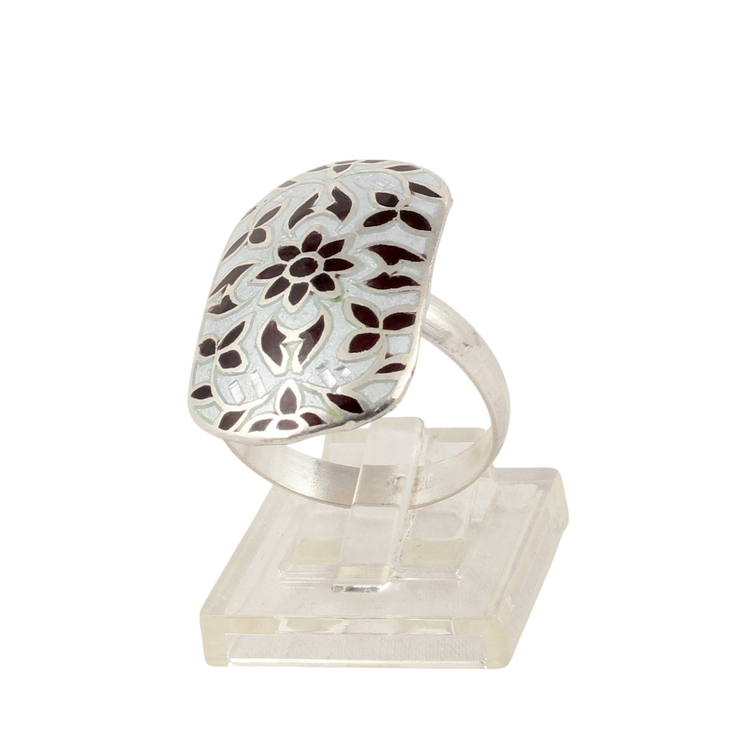 Carved Floral Enamel Designer Ring Handcrafted 925 Sterling Silver Designer Meenakari Art Ring Size 9 USA