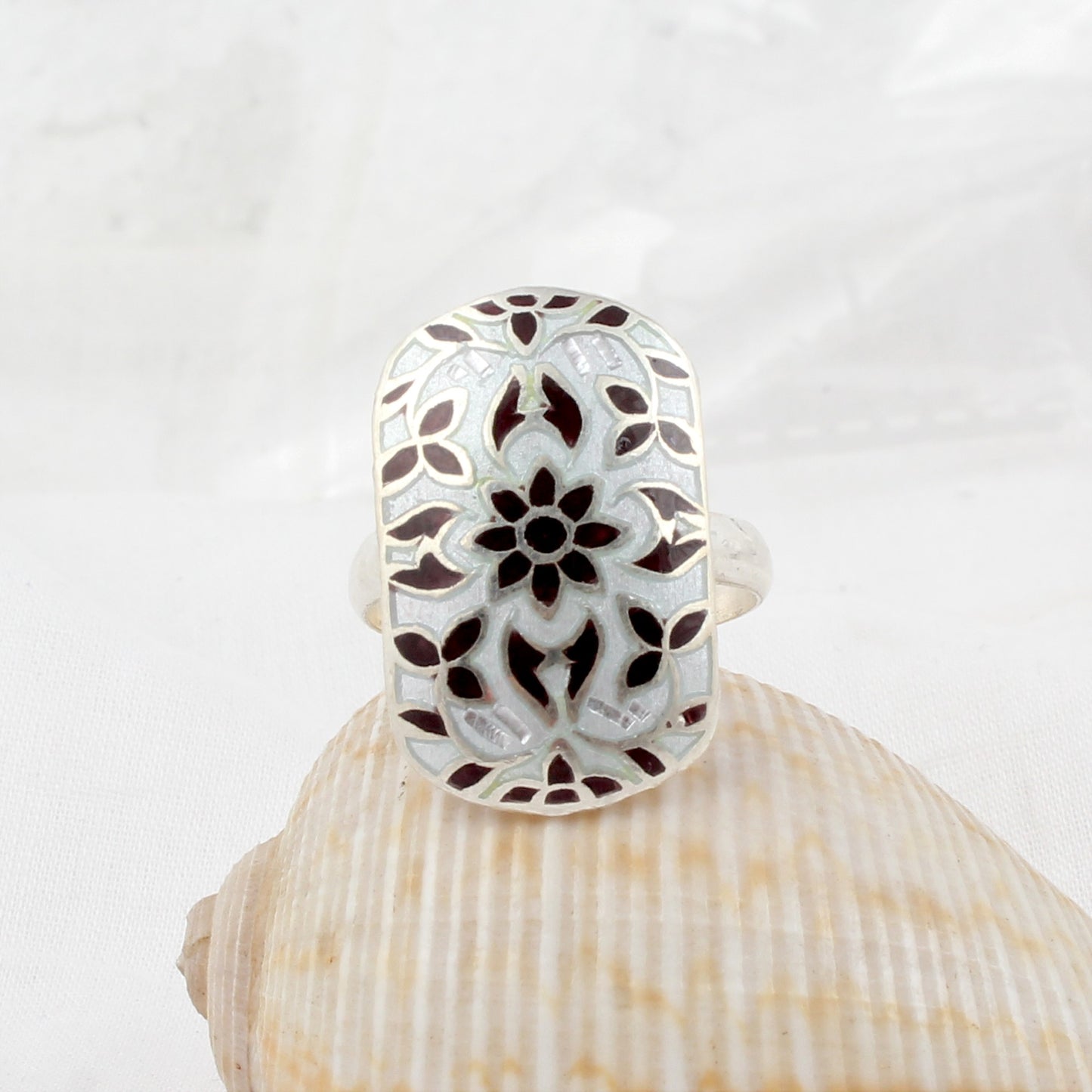 Carved Floral Enamel Designer Ring Handcrafted 925 Sterling Silver Designer Meenakari Art Ring Size 9 USA