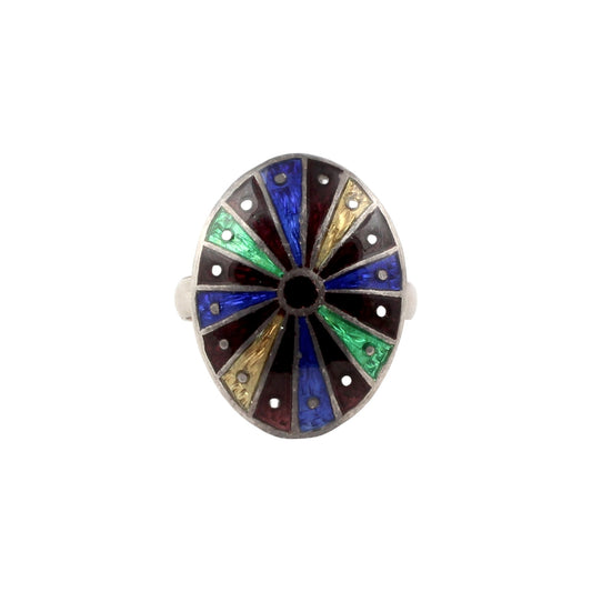 Multicolor Oval Signet Ring Handmade 925 Solid Sterling Silver Enamel Ring Size 10 USA