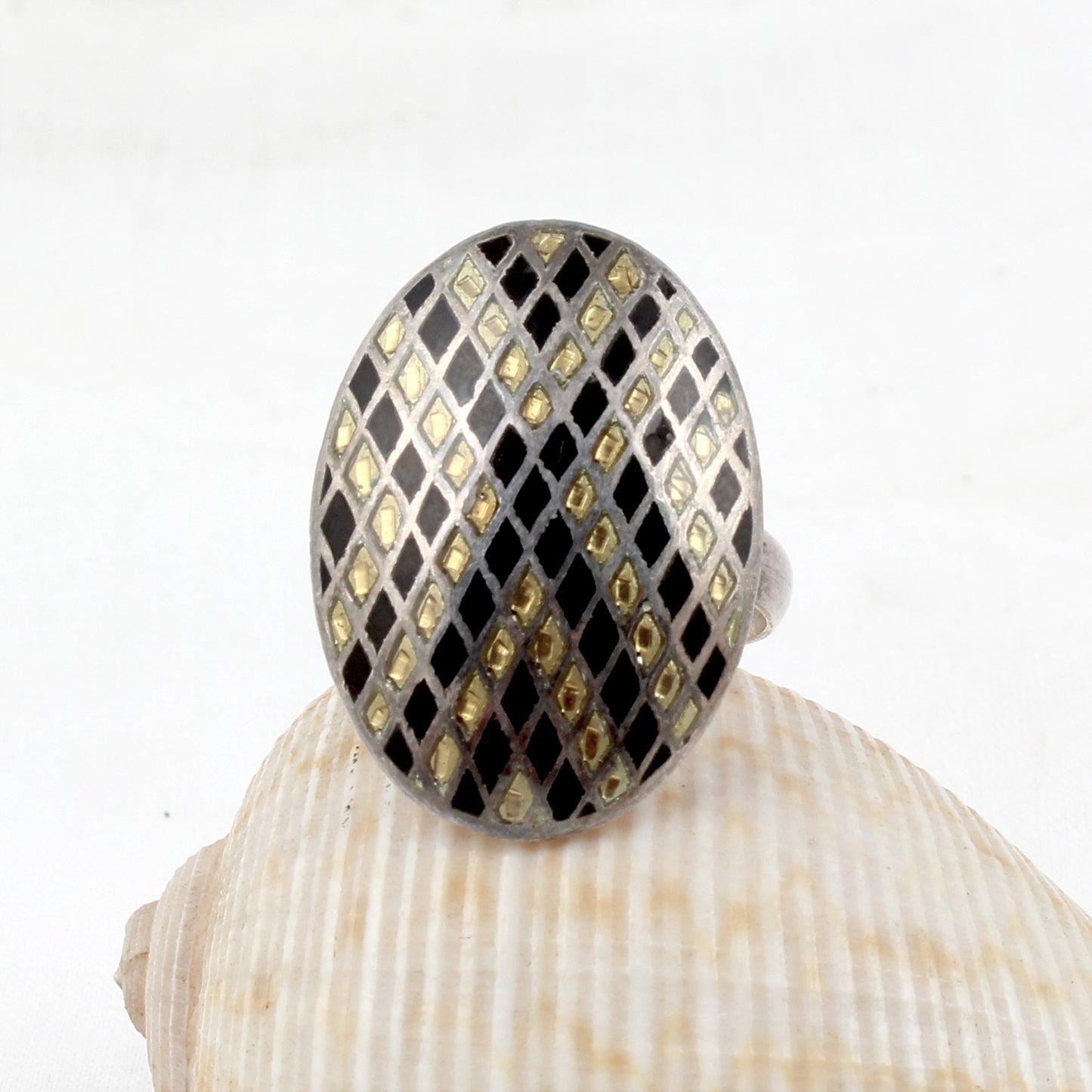 Unique Artisan Bi-Color Enamel Handcrafted Ring 925 Sterling Silver Designer Ring Size 8.5 USA