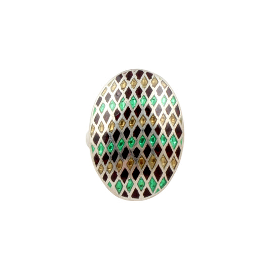 925 Sterling Silver Multicolor Enamel Ring Handmade Oval Shape Unique Artisan Ring Size 7.25 USA