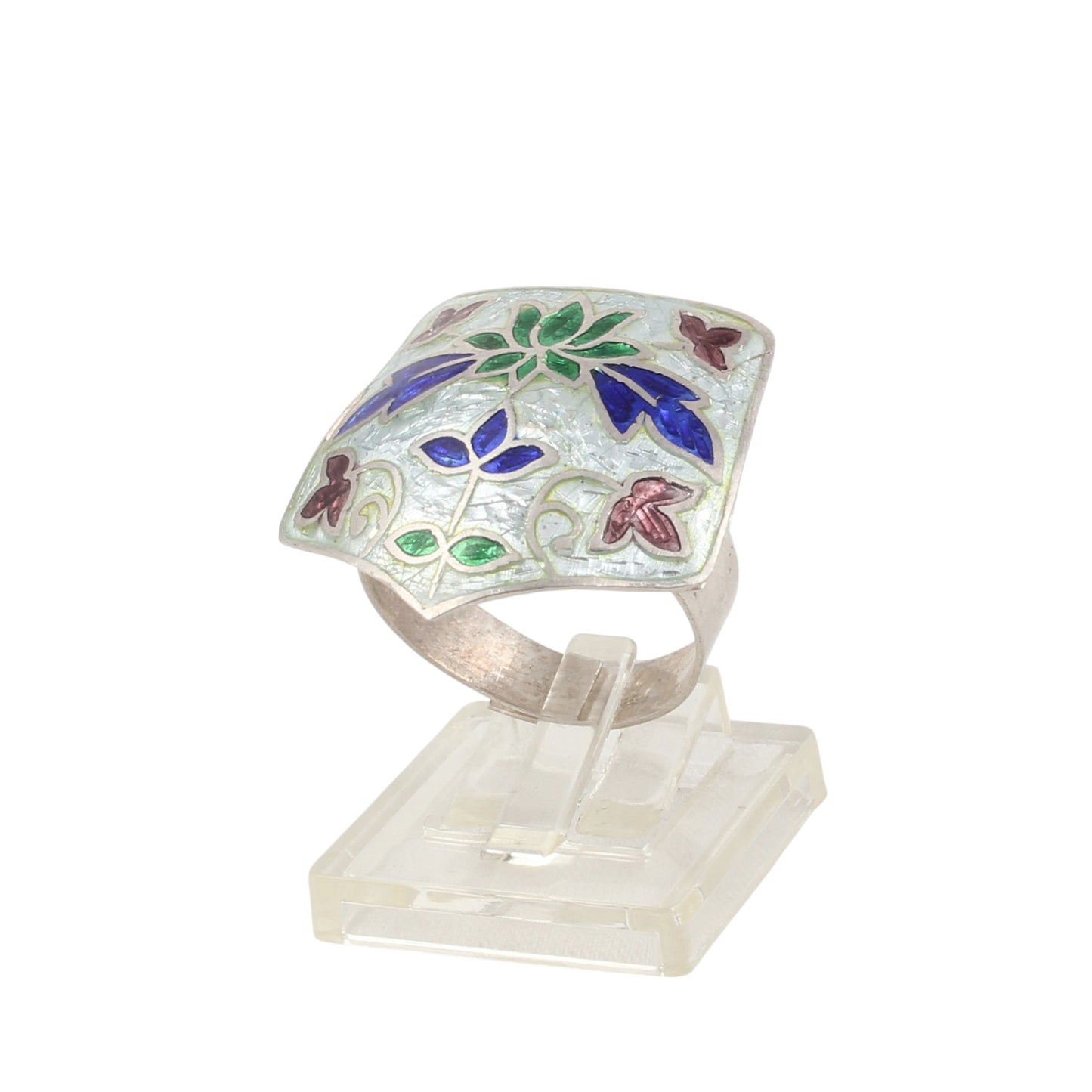 Designer Floral Enamel Ring Handmade 925 Solid Sterling Silver Enameled Ring Size 9 USA