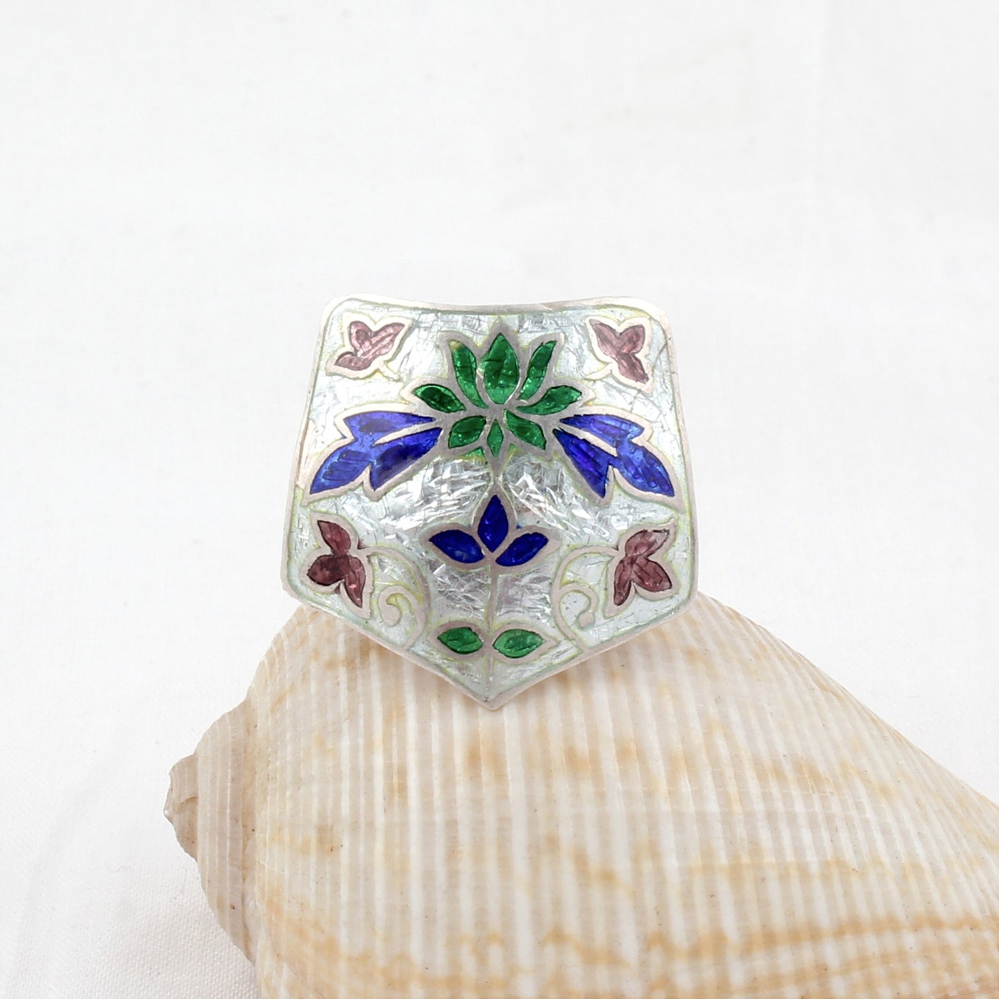 Designer Floral Enamel Ring Handmade 925 Solid Sterling Silver Enameled Ring Size 9 USA