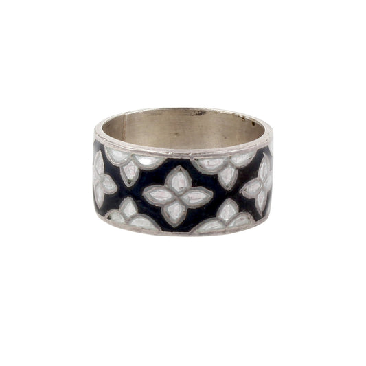 Floral Enamel Ring Handmade 925 Solid Sterling Silver Designer Band Ring Size 8.5 USA