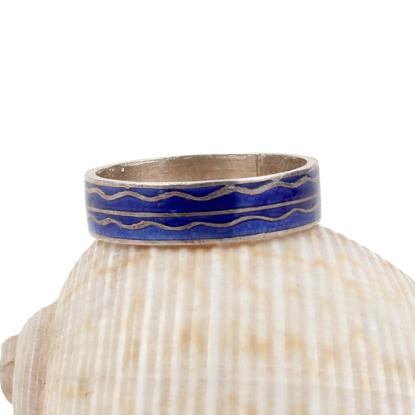 Sea Waves Enamel Band Ring Handmade 925 Solid Sterling Silver Designer Ring Size 9 USA