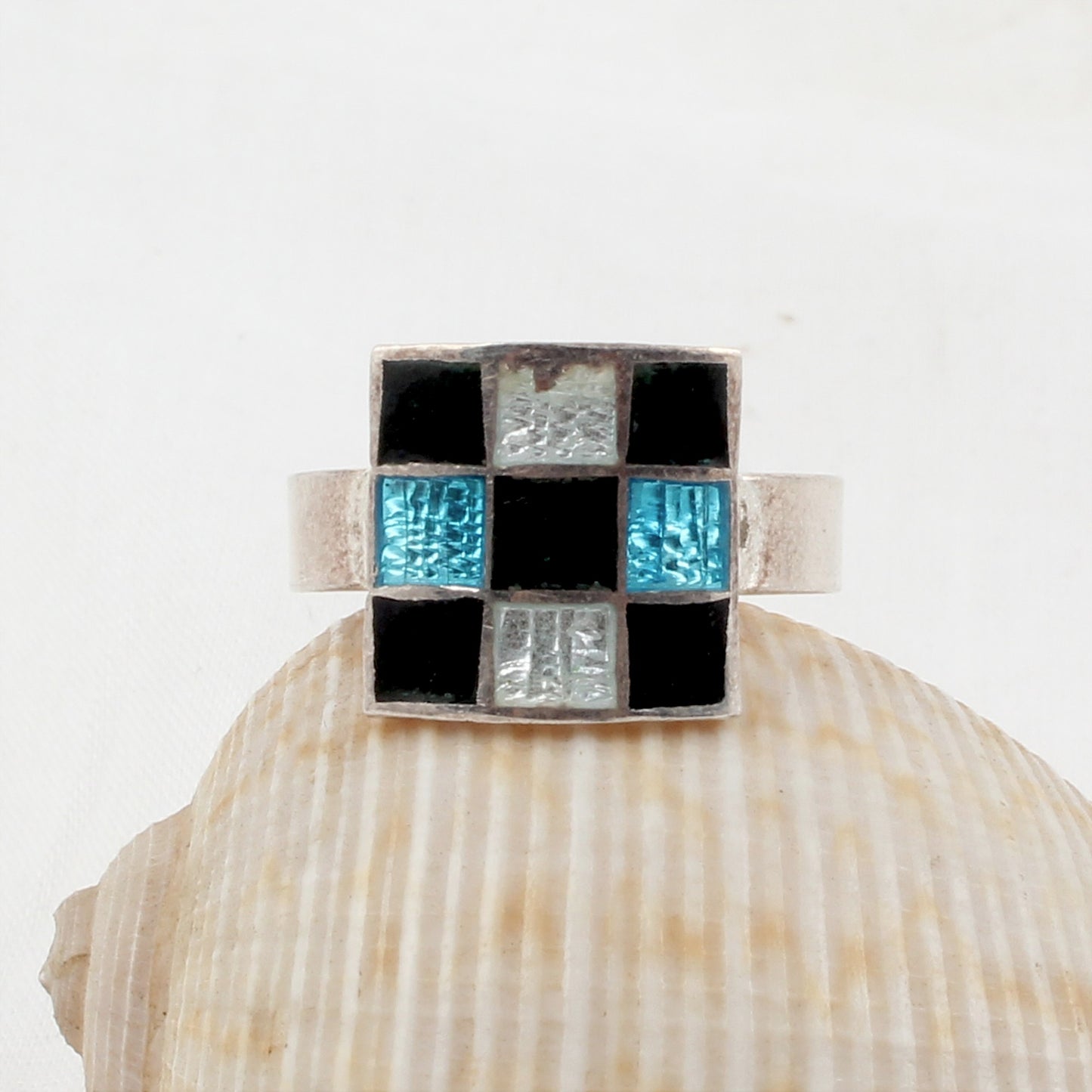 Designer Square Shape Enamel Rings 925 Solid Sterling Silver Enamel Ring Size 8.5 USA