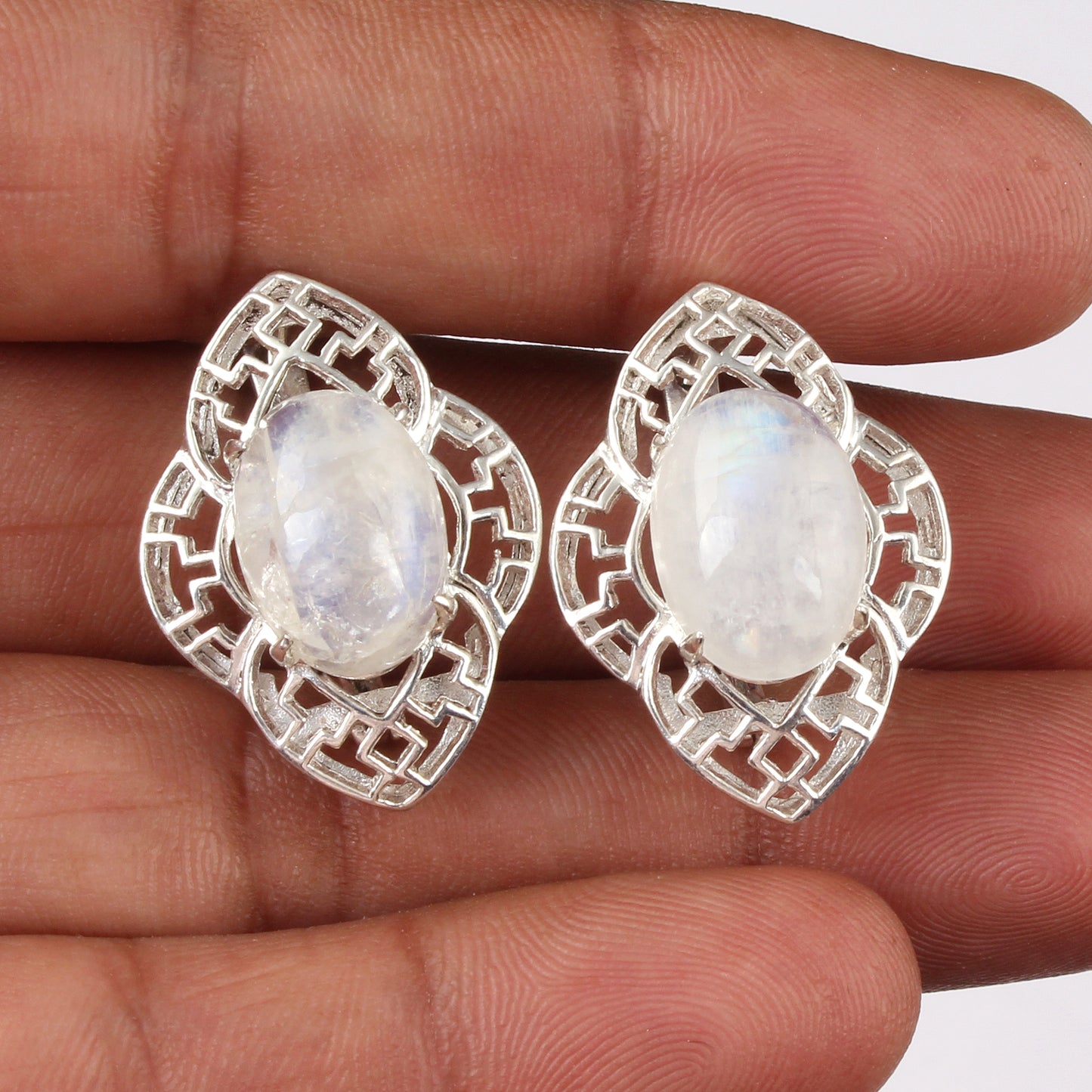 Vintage Rainbow Moonstone Earrings Handmade 925 Sterling Silver Prong Setting Natural Gemstone Earrings