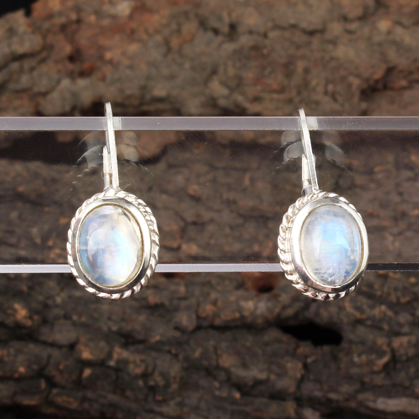 Rainbow Moonstone Earrings Twisted Wire 925 Sterling Silver Earrings Handmade Oval Shape White Rainbow Earrings