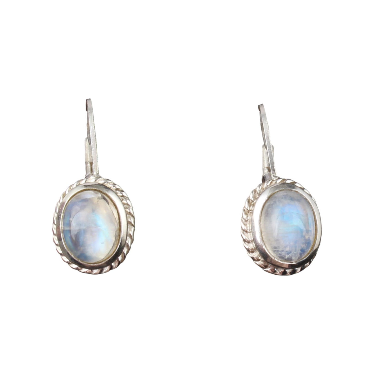 Rainbow Moonstone Earrings Twisted Wire 925 Sterling Silver Earrings Handmade Oval Shape White Rainbow Earrings