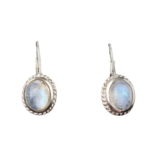 Rainbow Moonstone Earrings Twisted Wire 925 Sterling Silver Earrings Handmade Oval Shape White Rainbow Earrings