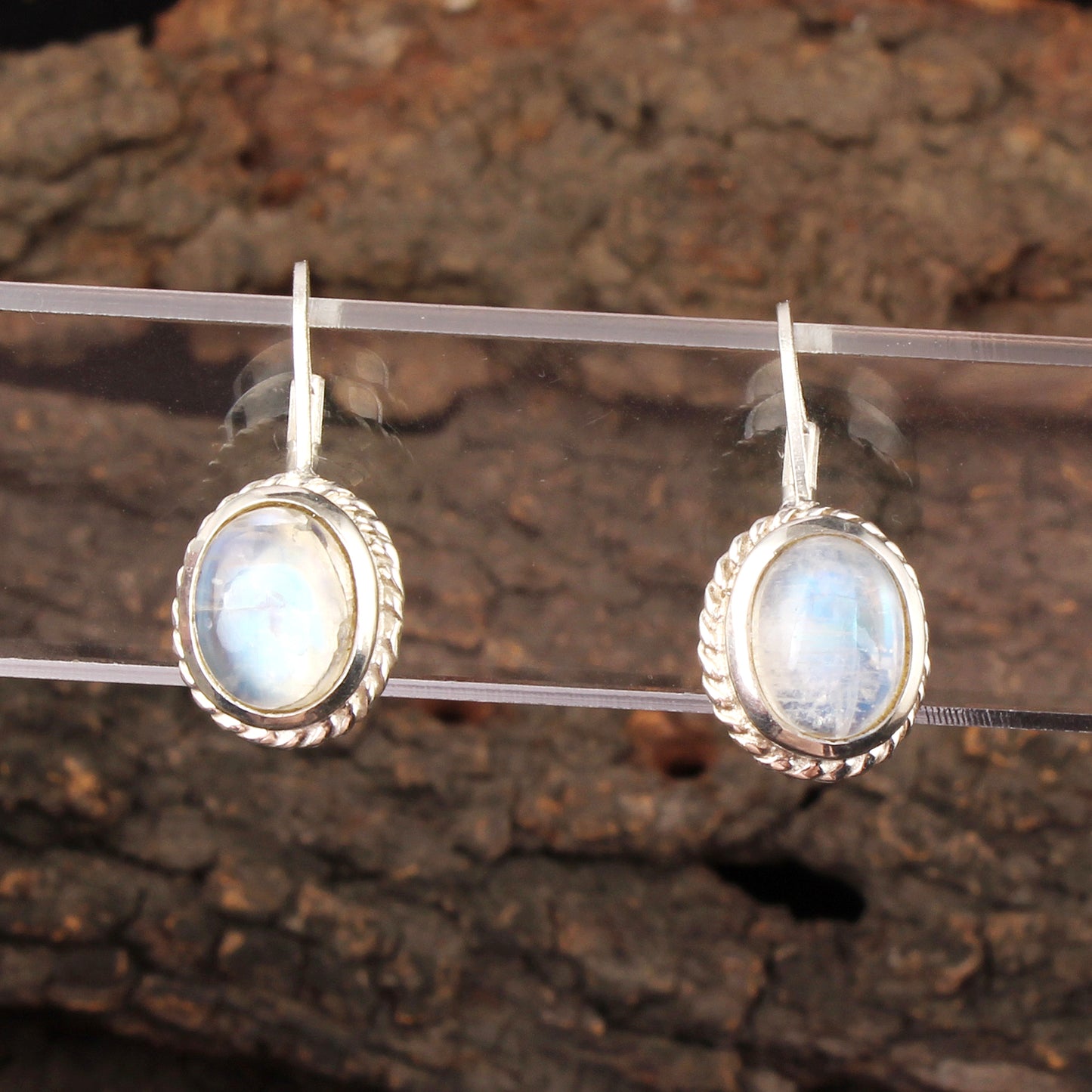 Rainbow Moonstone Earrings Twisted Wire 925 Sterling Silver Earrings Handmade Oval Shape White Rainbow Earrings