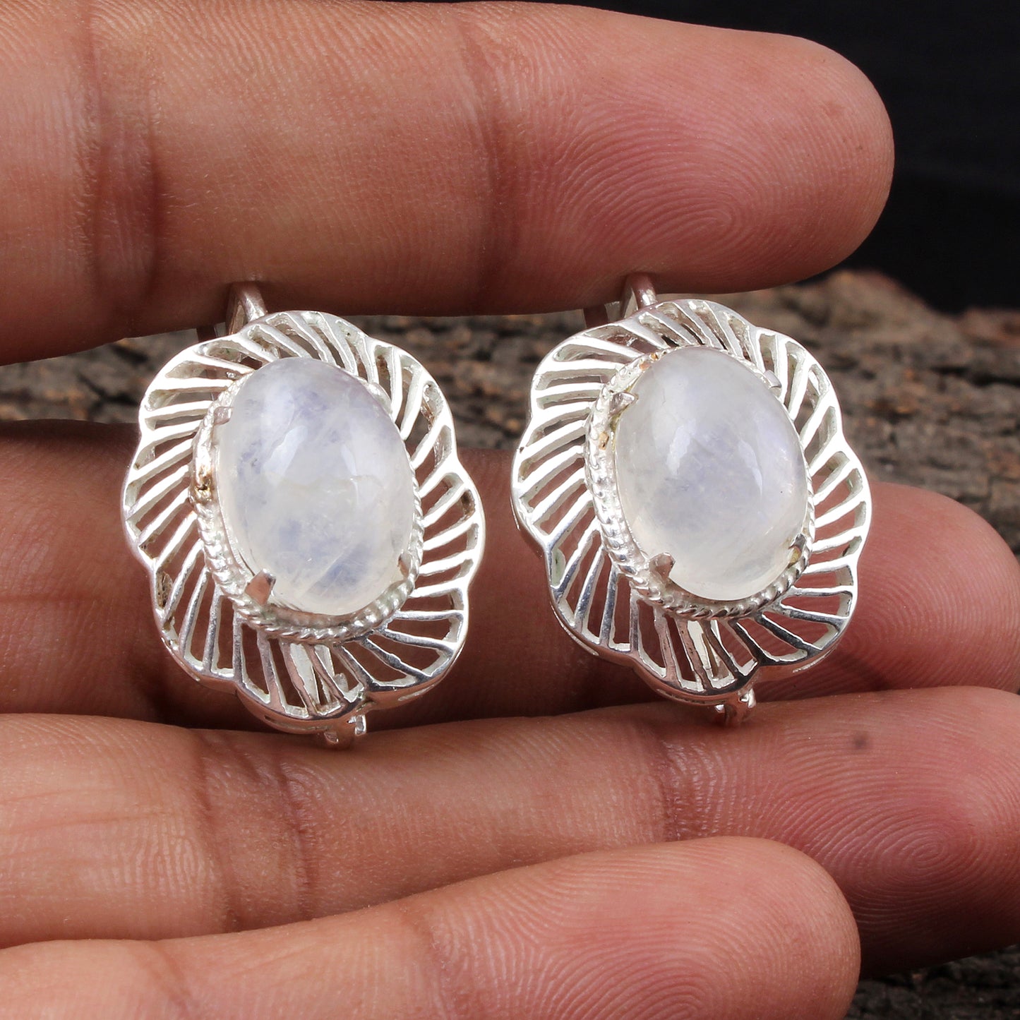 Boho Rainbow Moonstone Earrings Handmade 925 Sterling Silver Prong Setting Natural Gemstone Earrings