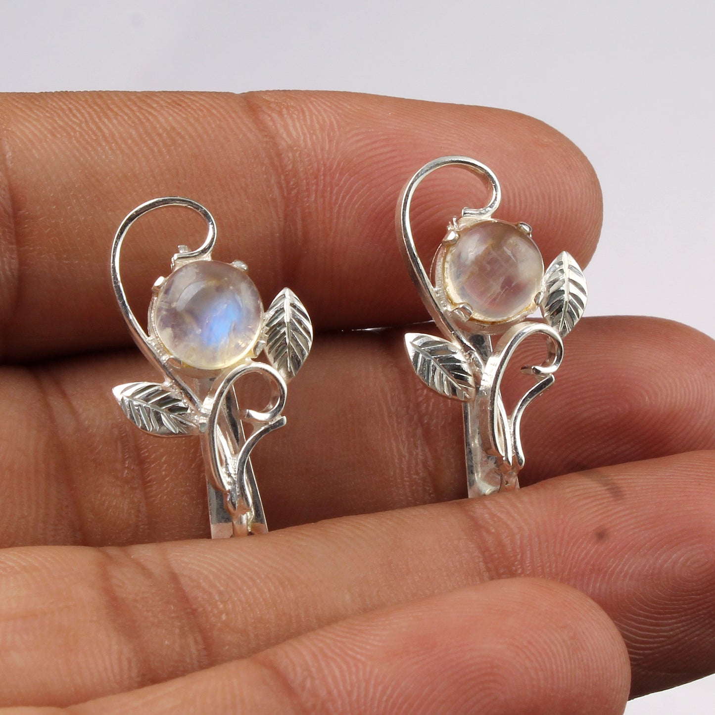 Leaf Charm Rainbow Moonstone Earrings 925 Sterling Silver Earrings Handmade Oval Shape Prong Setting Earrings