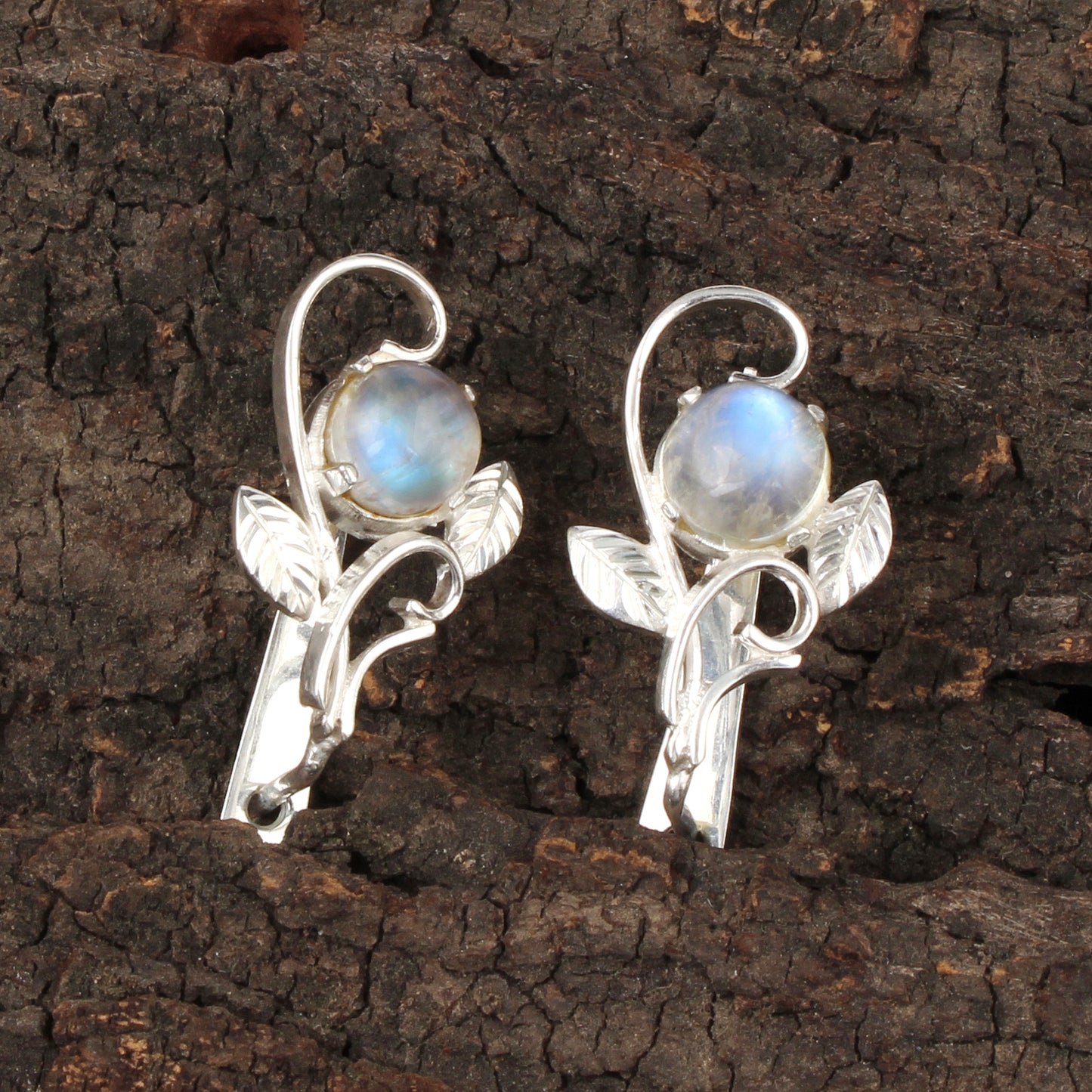Leaf Charm Rainbow Moonstone Earrings 925 Sterling Silver Earrings Handmade Oval Shape Prong Setting Earrings