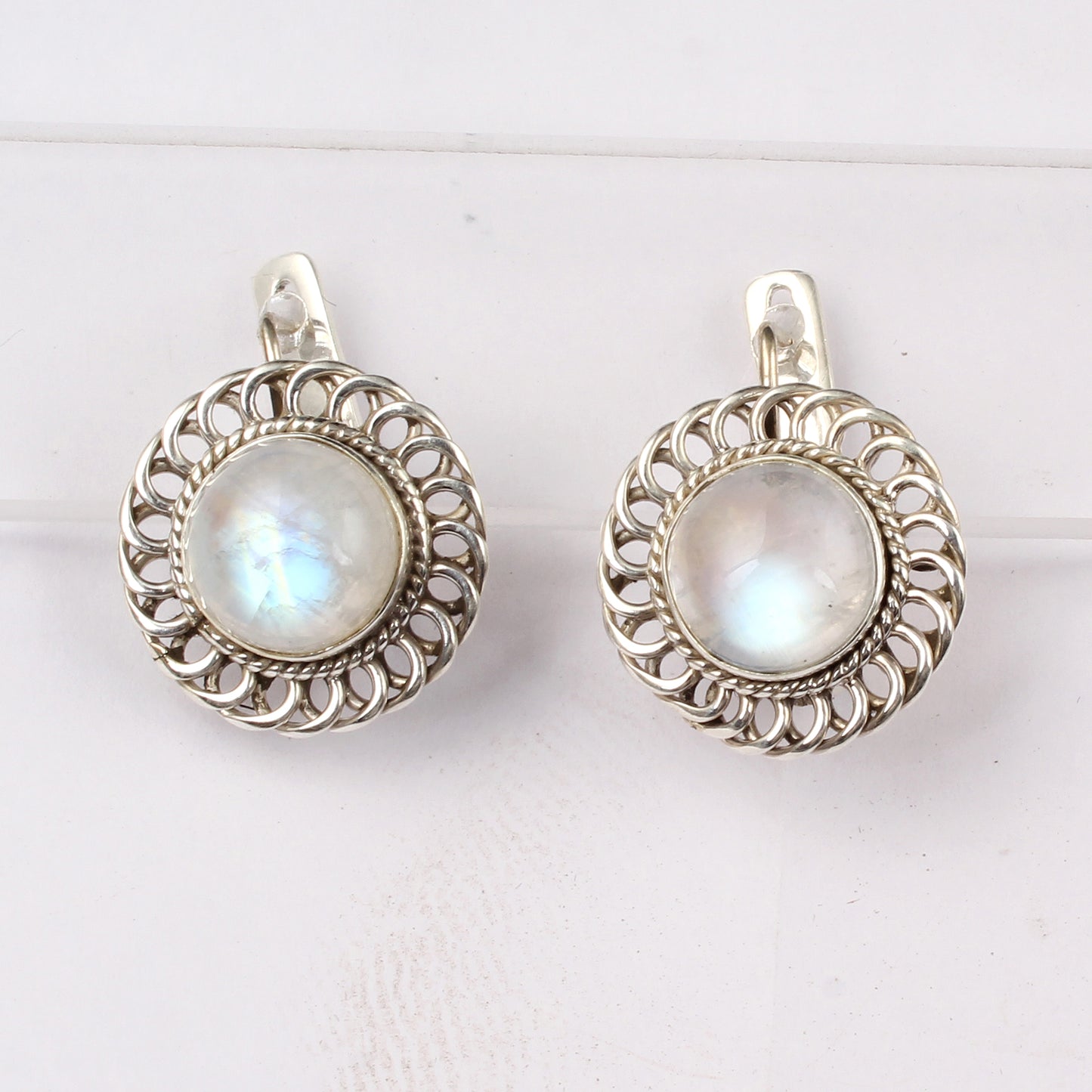 Boho Rainbow Moonstone Earrings Handmade 925 Sterling Silver Round Gemstone Designer Wired Earrings