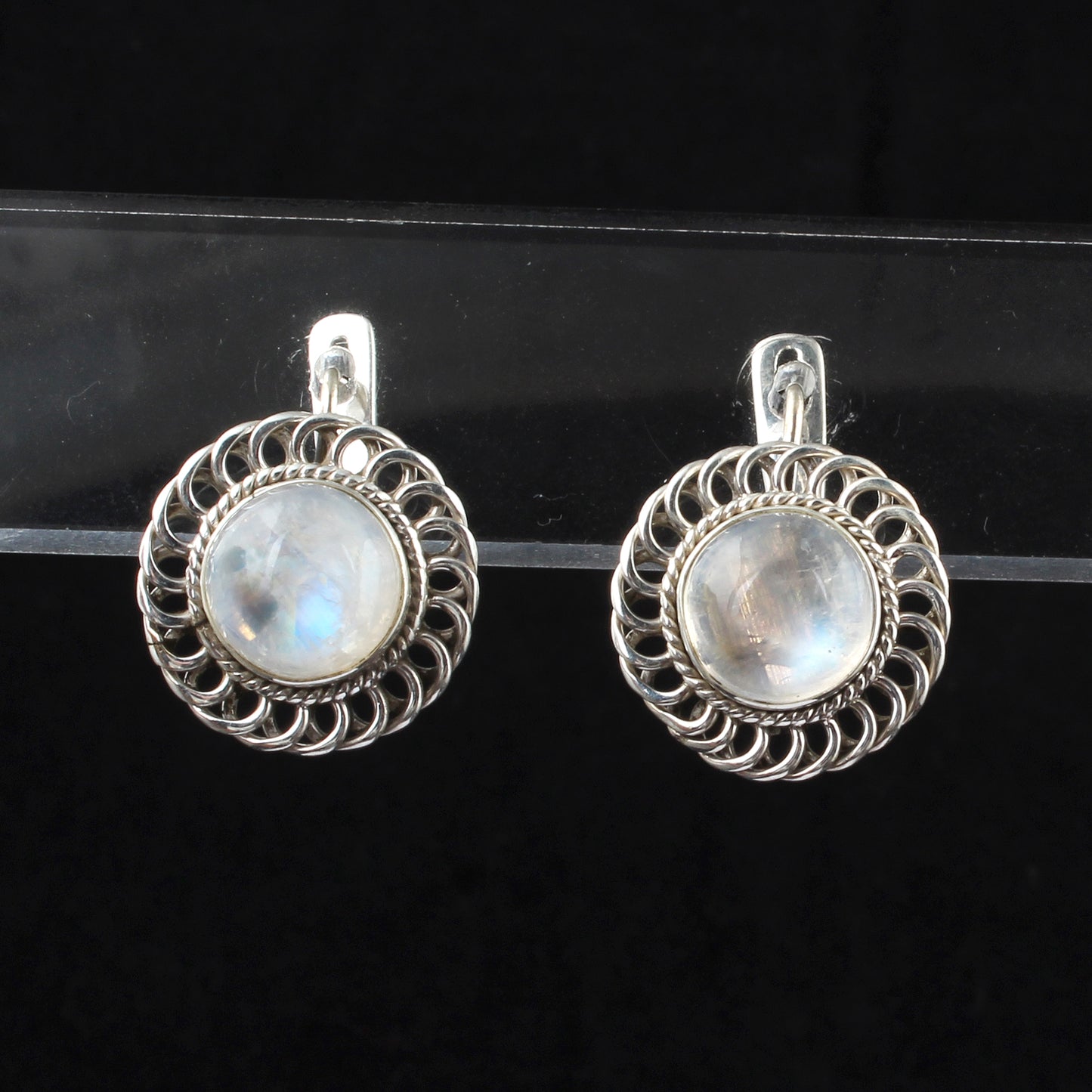 Boho Rainbow Moonstone Earrings Handmade 925 Sterling Silver Round Gemstone Designer Wired Earrings