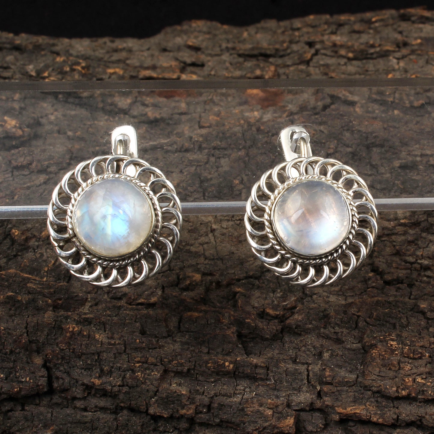Boho Rainbow Moonstone Earrings Handmade 925 Sterling Silver Round Gemstone Designer Wired Earrings