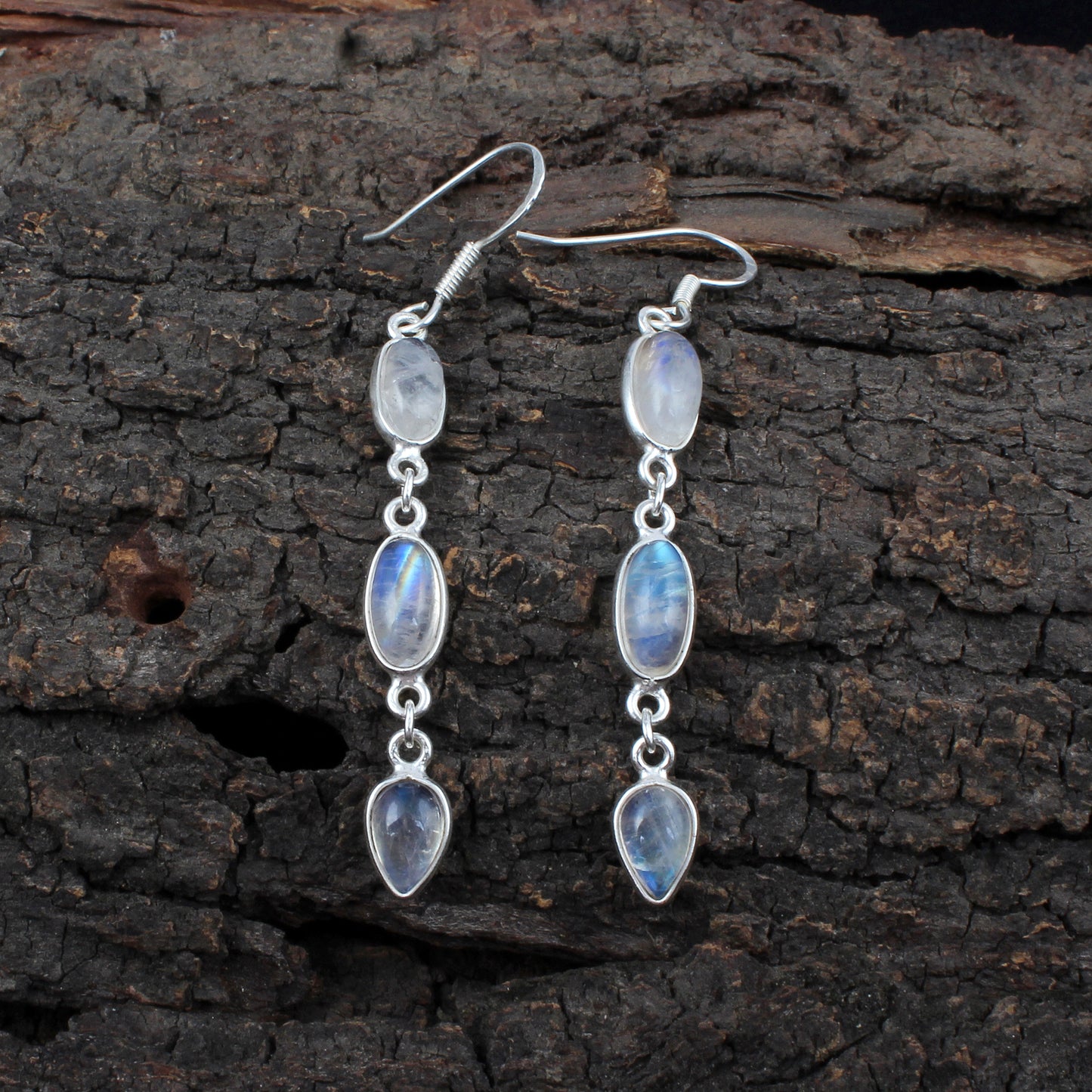 Long Dangle Rainbow Moonstone Earrings 925 Sterling Silver Earrings Handmade White Rainbow Earrings